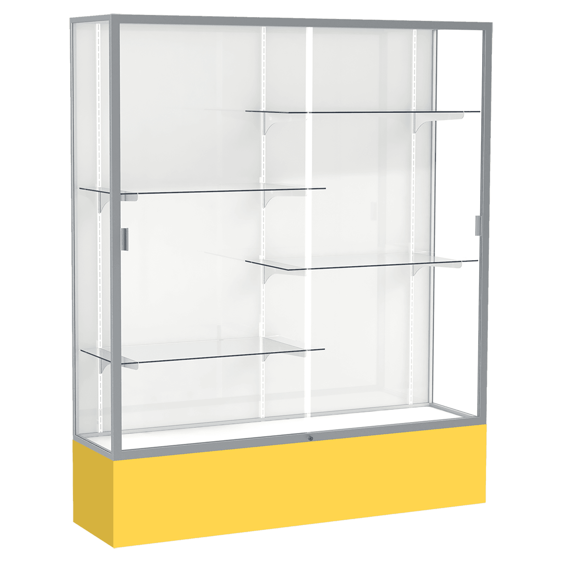 72"H x 60"W x 16"D Goldenrod Laminate Finish, White Laminate Finish Back, Satin Aluminum Frame, Spirit Display Case