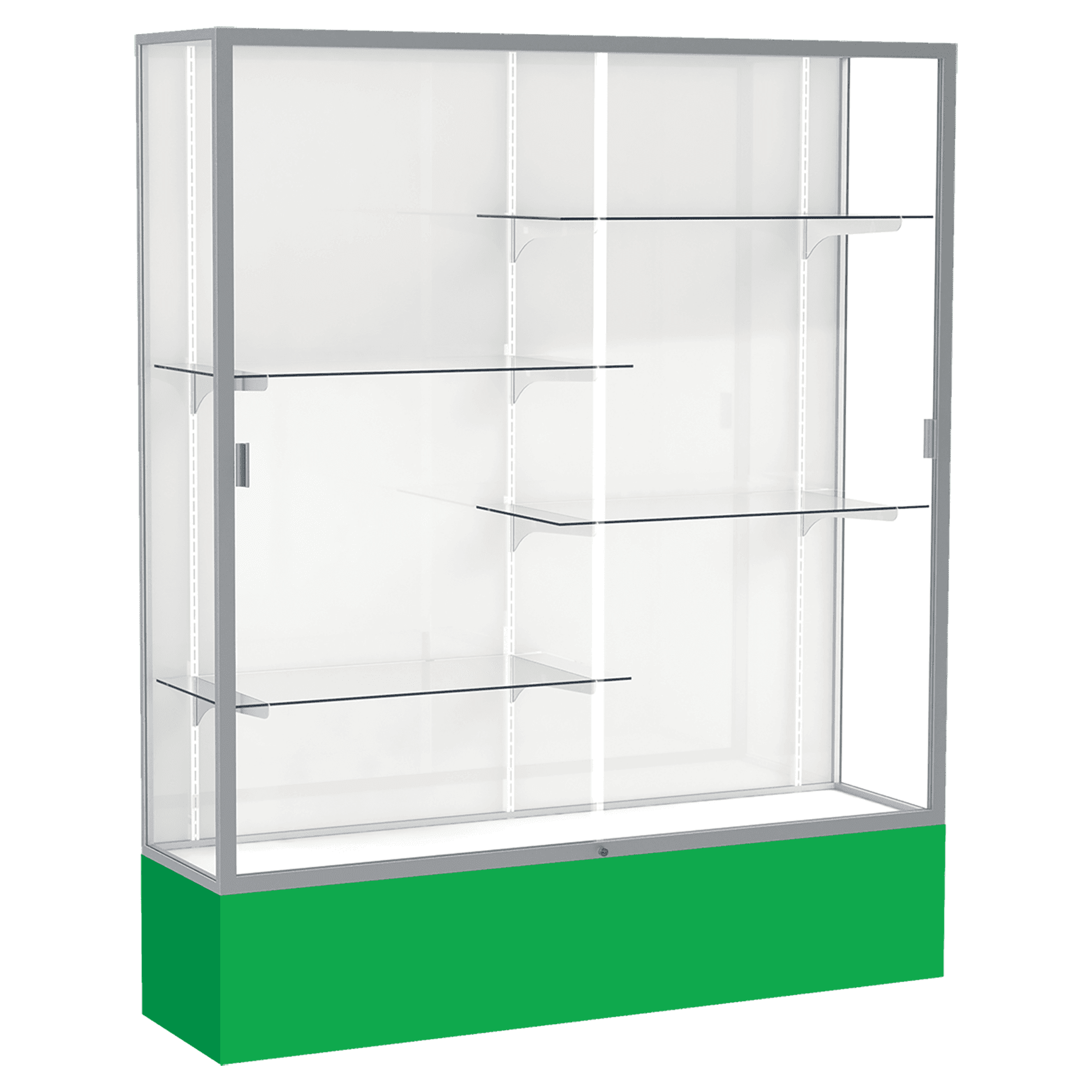 72"H x 60"W x 16"D Kelly Green Laminate Finish, White Laminate Finish Back, Satin Aluminum Frame, Spirit Display Case