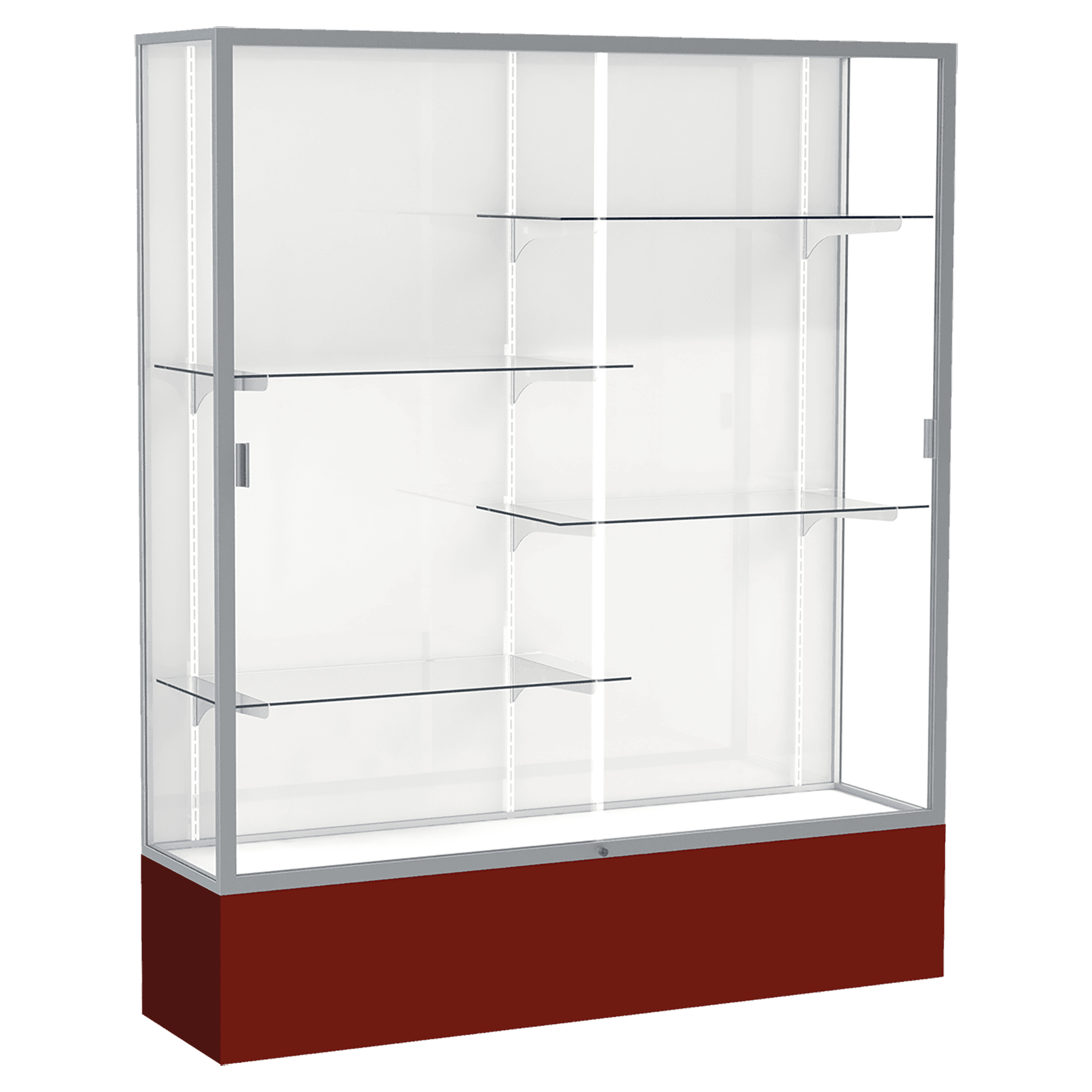 72"H x 60"W x 16"D Maroon Laminate Finish, White Laminate Finish Back, Satin Aluminum Frame, Spirit Display Case