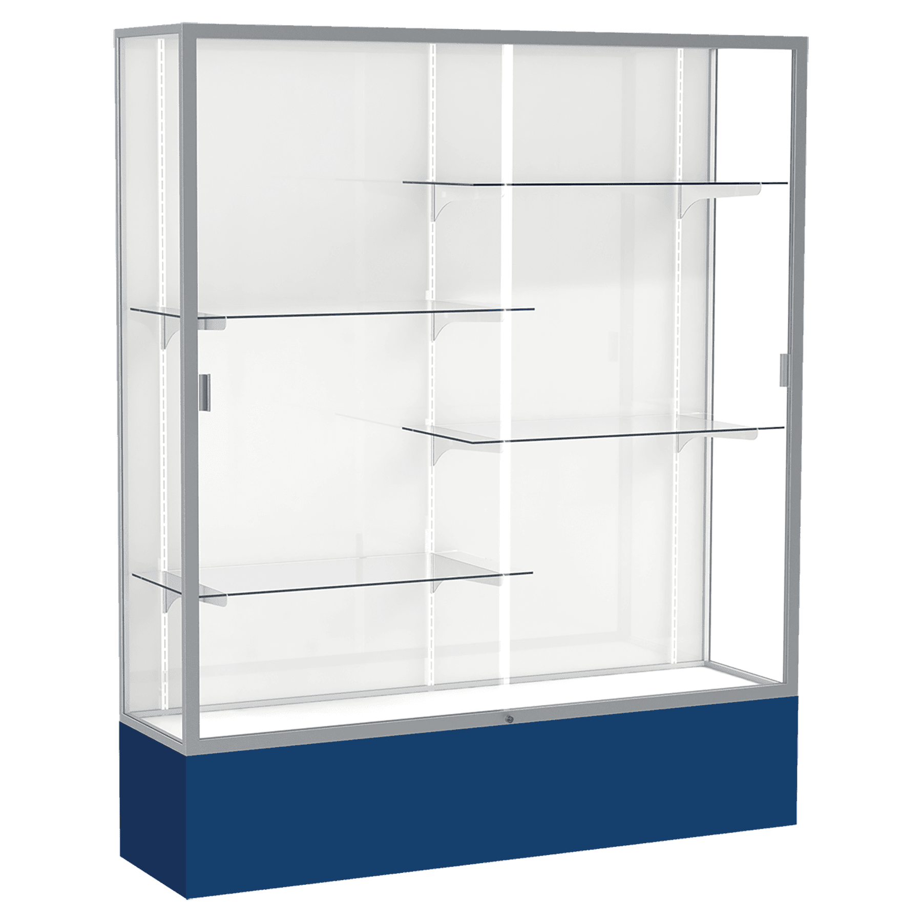 72"H x 60"W x 16"D Navy Laminate Finish, White Laminate Finish Back, Satin Aluminum Frame, Spirit Display Case