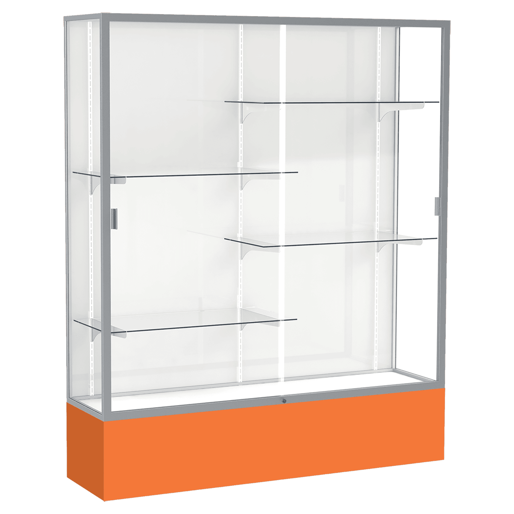 72"H x 60"W x 16"D Orange Laminate Finish, White Laminate Finish Back, Satin Aluminum Frame, Spirit Display Case