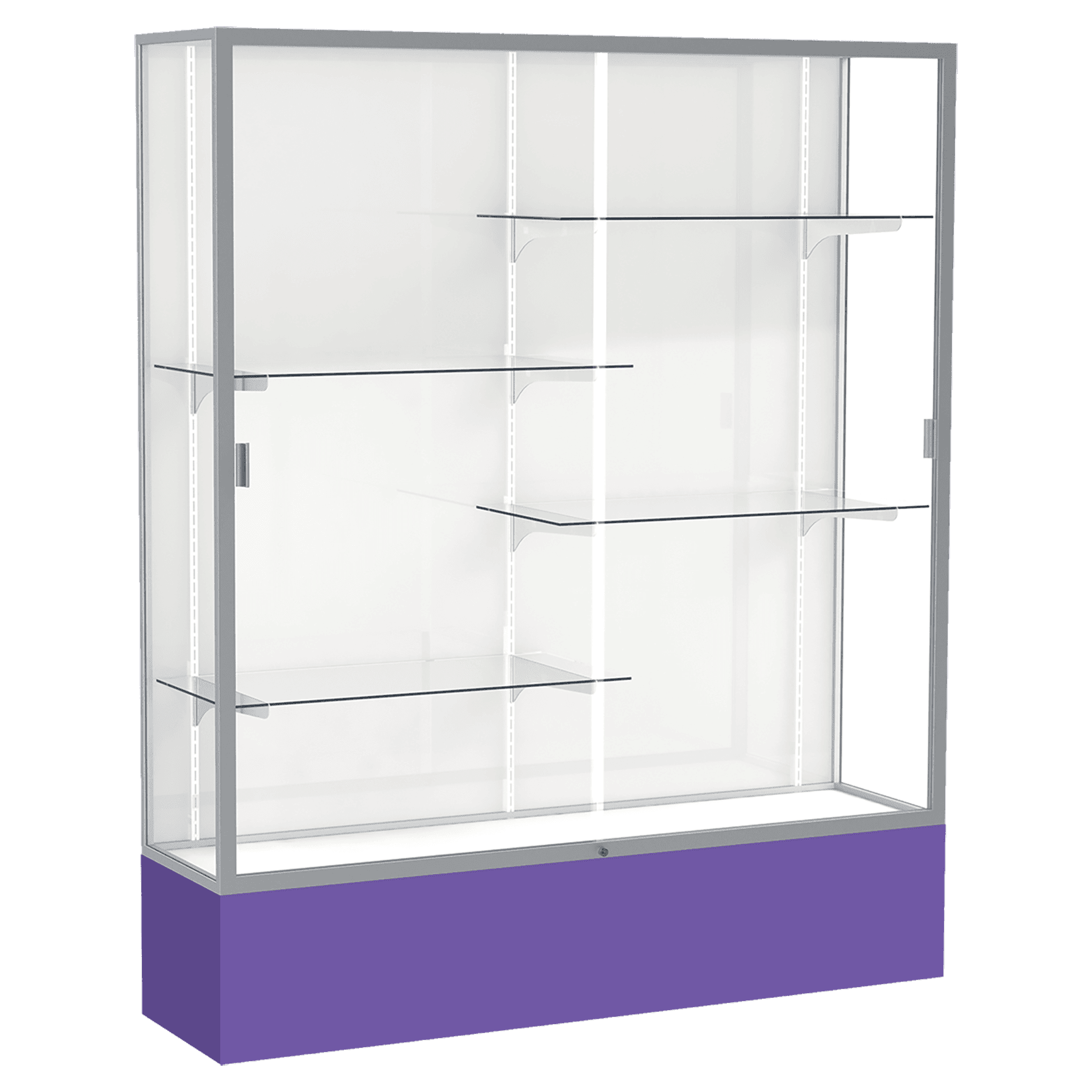 72"H x 60"W x 16"D Purple Laminate Finish, White Laminate Finish Back, Satin Aluminum Frame, Spirit Display Case