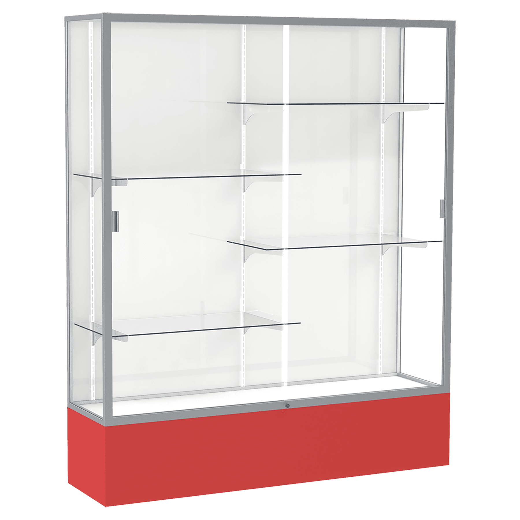 72"H x 60"W x 16"D Red Laminate Finish, White Laminate Finish Back, Satin Aluminum Frame, Spirit Display Case