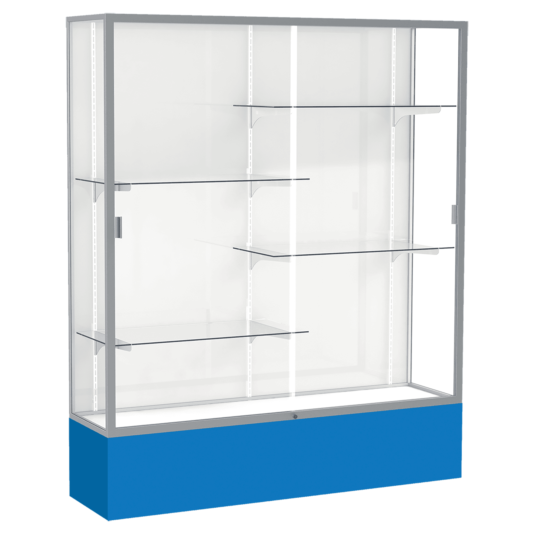 72"H x 60"W x 16"D Royal Blue Laminate Finish, White Laminate Finish Back, Satin Aluminum Frame, Spirit Display Case