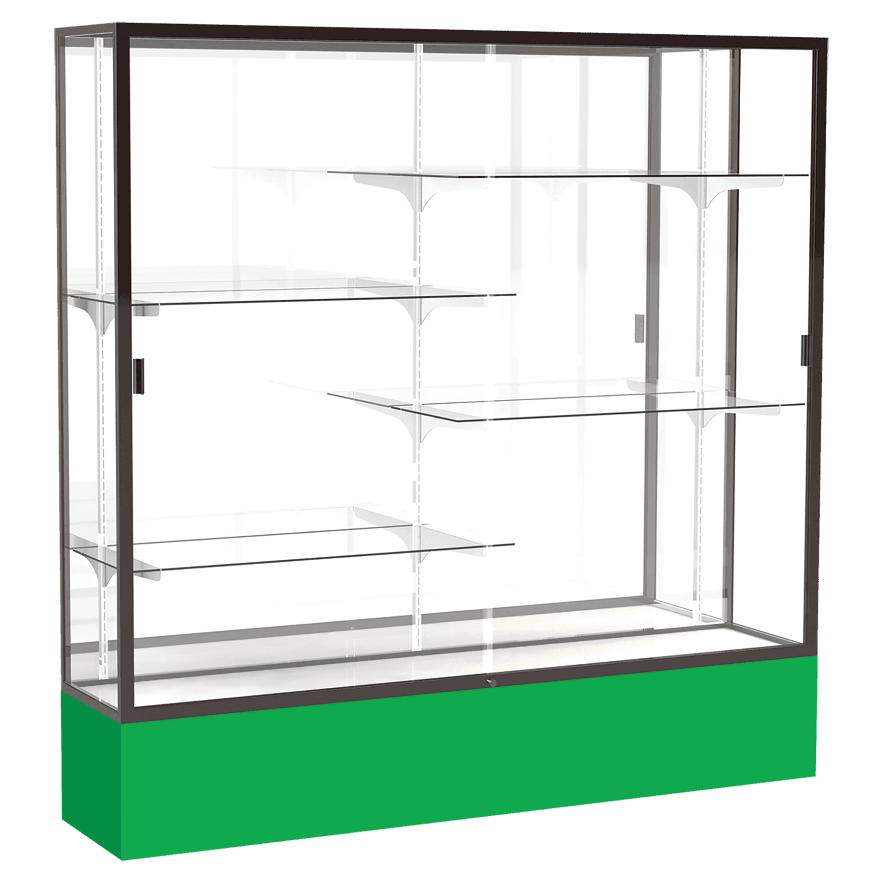 72"H x 72"W x 16"D Kelly Green Laminate Finish, Mirror Back, Bronze Aluminum Frame, Spirit Display Case