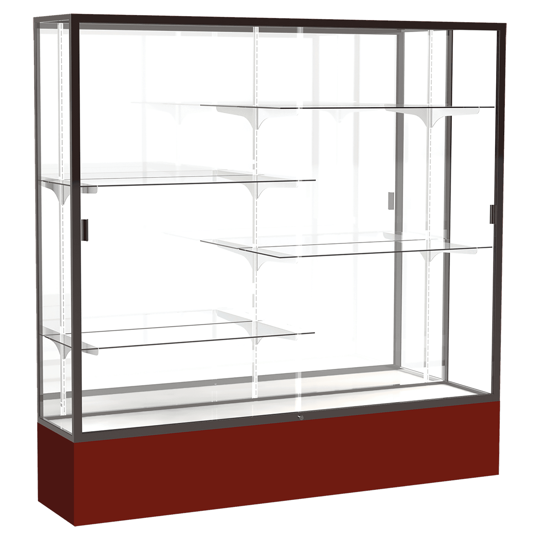 72"H x 72"W x 16"D Maroon Laminate Finish, Mirror Back, Bronze Aluminum Frame, Spirit Display Case