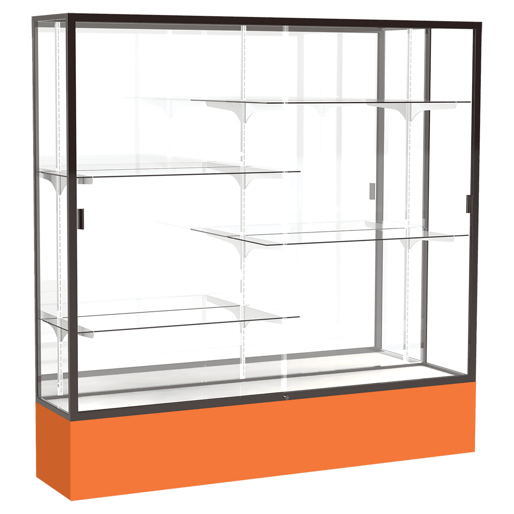 72"H x 72"W x 16"D Orange Laminate Finish, Mirror Back, Bronze Aluminum Frame, Spirit Display Case