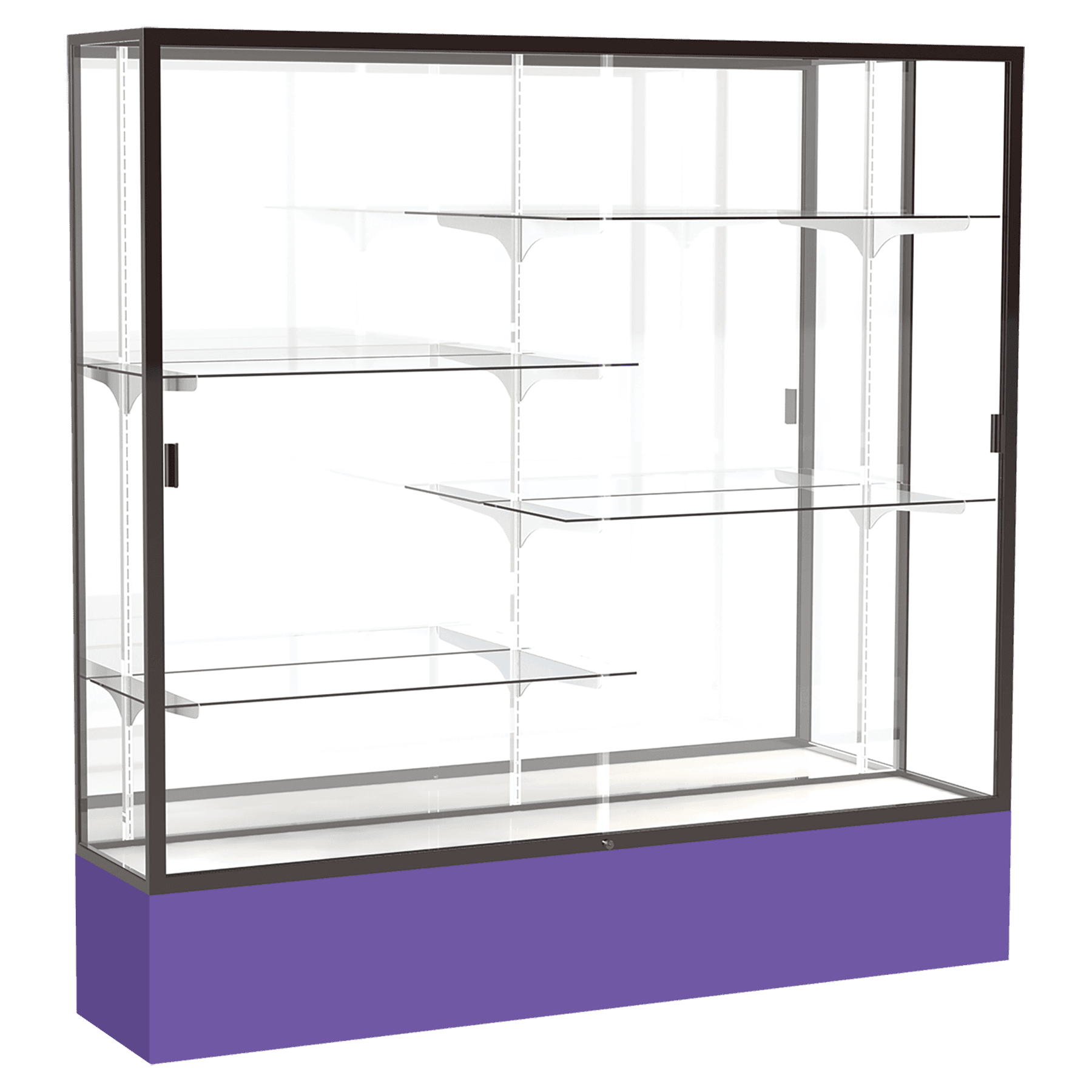 72"H x 72"W x 16"D Purple Laminate Finish, Mirror Back, Bronze Aluminum Frame, Spirit Display Case