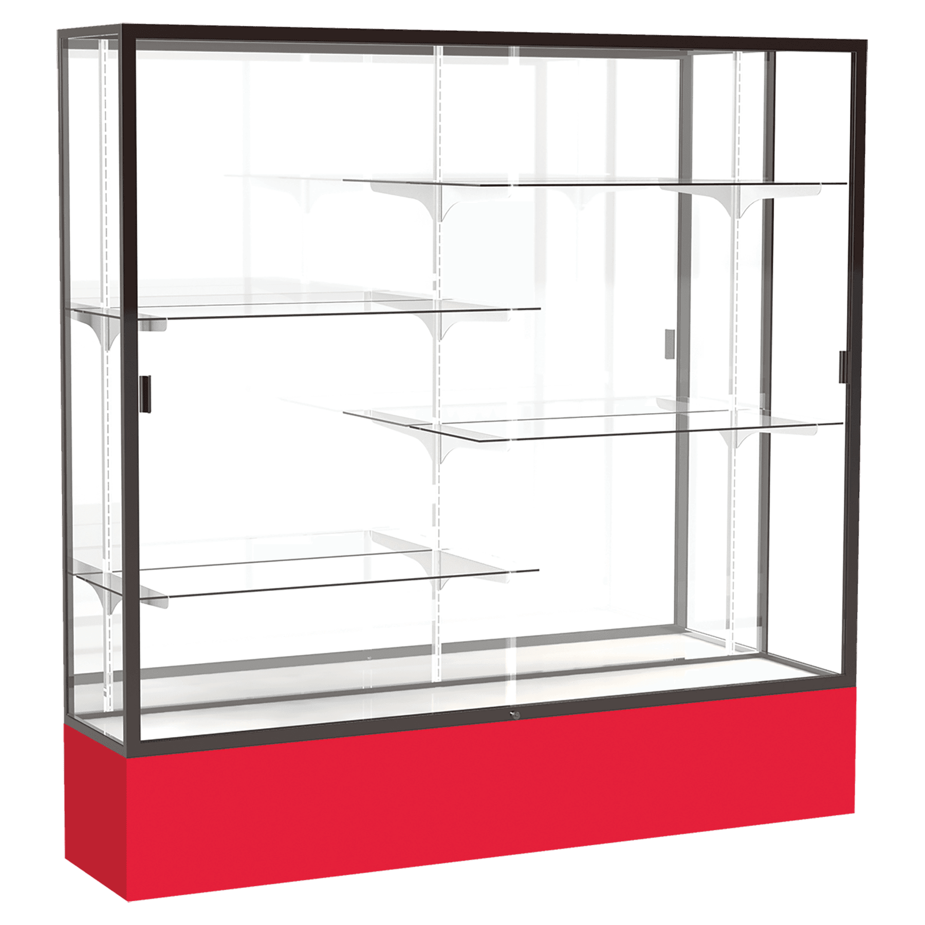 72"H x 72"W x 16"D Red Laminate Finish, Mirror Back, Bronze Aluminum Frame, Spirit Display Case