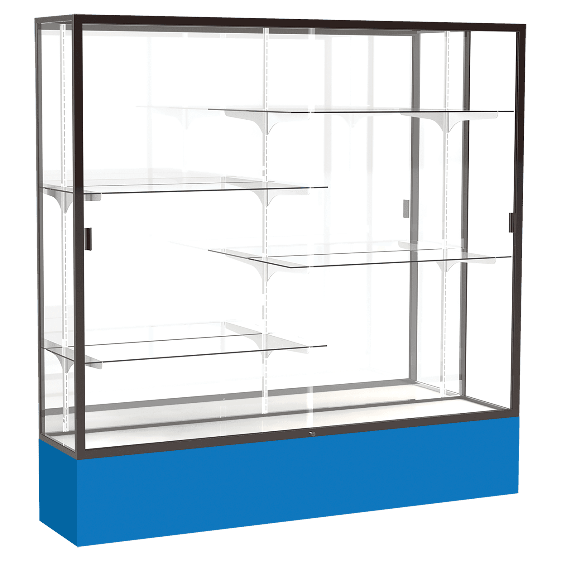 72"H x 72"W x 16"D Royal Blue Laminate Finish, Mirror Back, Bronze Aluminum Frame, Spirit Display Case