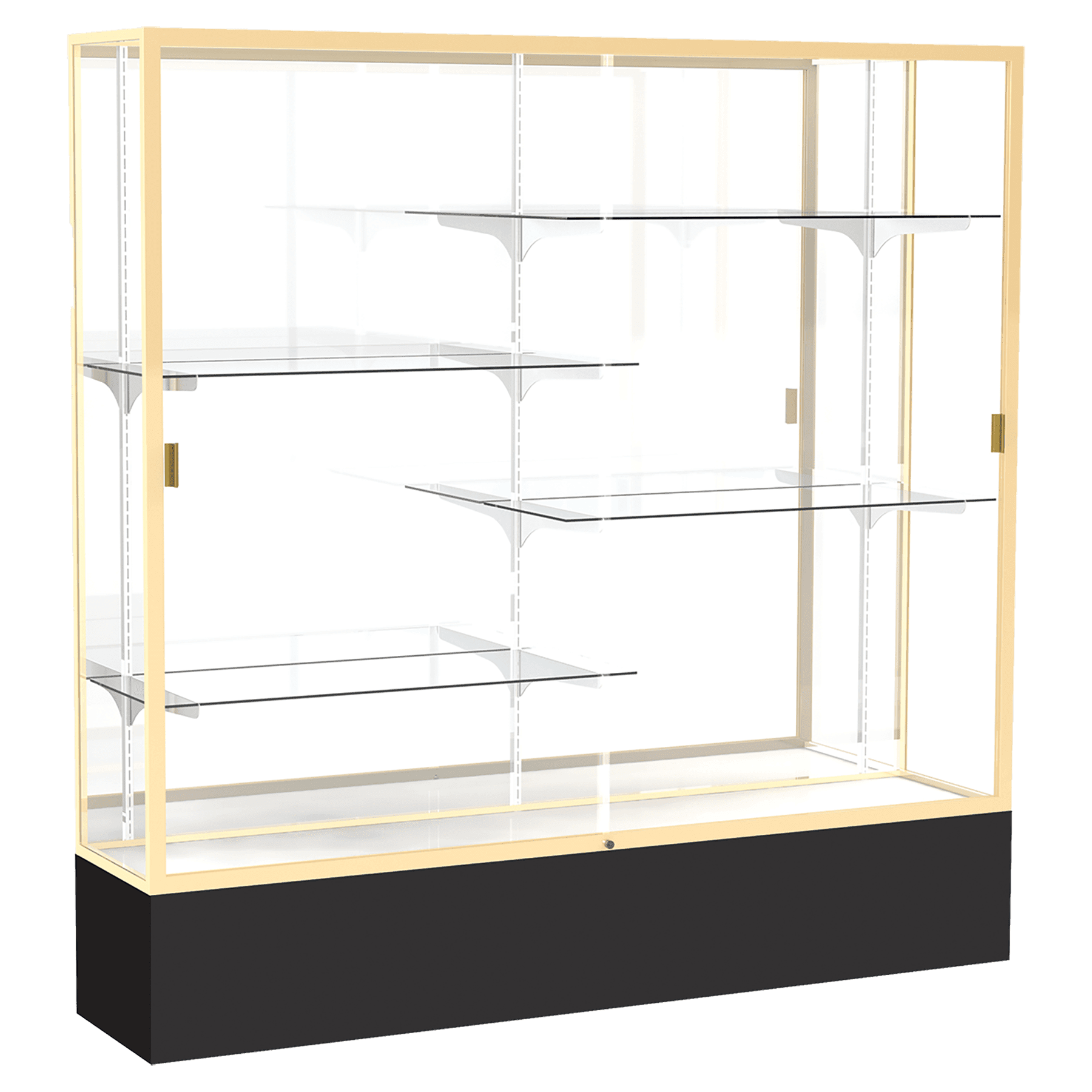 72"H x 72"W x 16"D Black Laminate Finish, Mirror Back, Champagne Aluminum Frame, Spirit Display Case