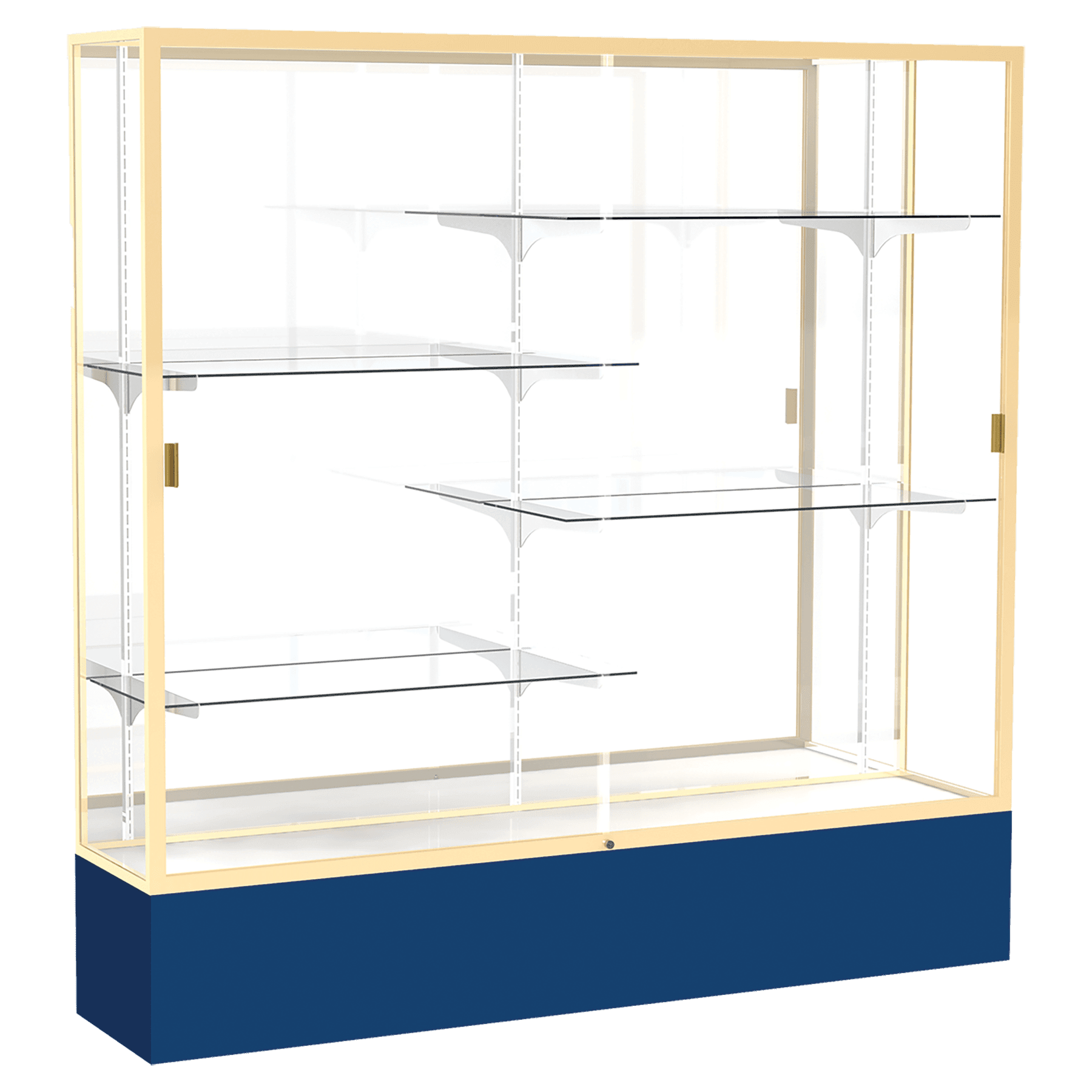 72"H x 72"W x 16"D Navy Laminate Finish, Mirror Back, Champagne Aluminum Frame, Spirit Display Case