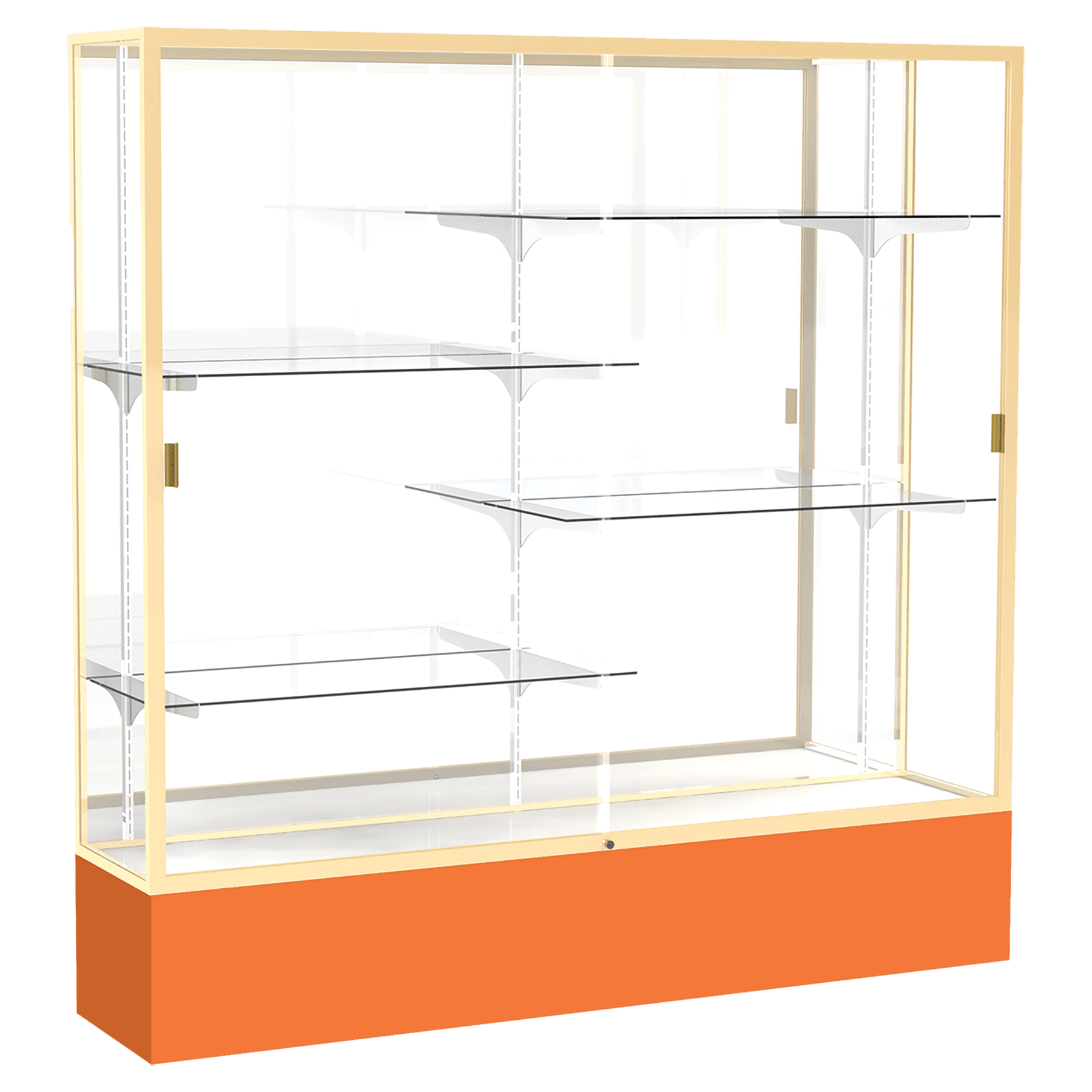 72"H x 72"W x 16"D Orange Laminate Finish, Mirror Back, Champagne Aluminum Frame, Spirit Display Case