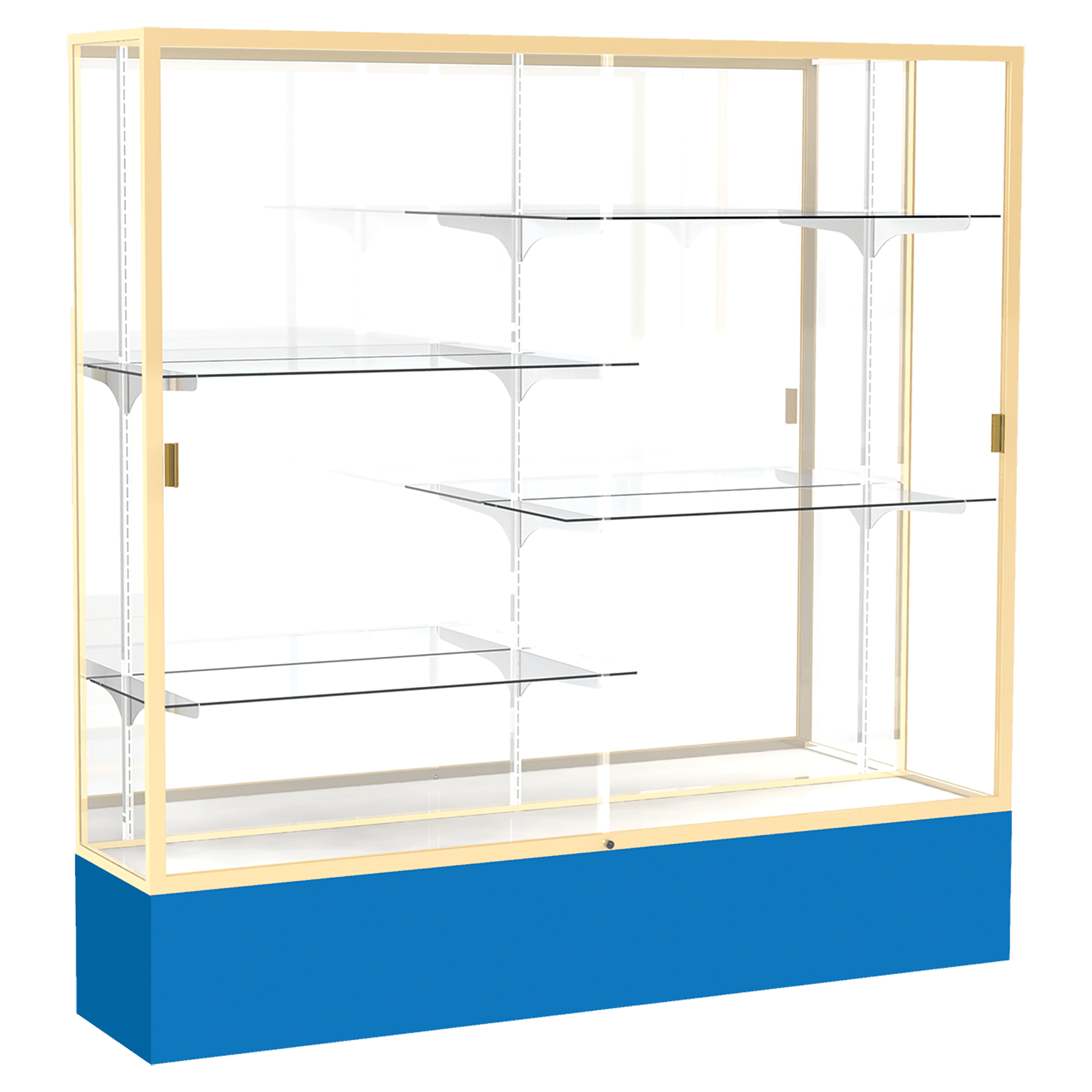72"H x 72"W x 16"D Royal Blue Laminate Finish, Mirror Back, Champagne Aluminum Frame, Spirit Display Case