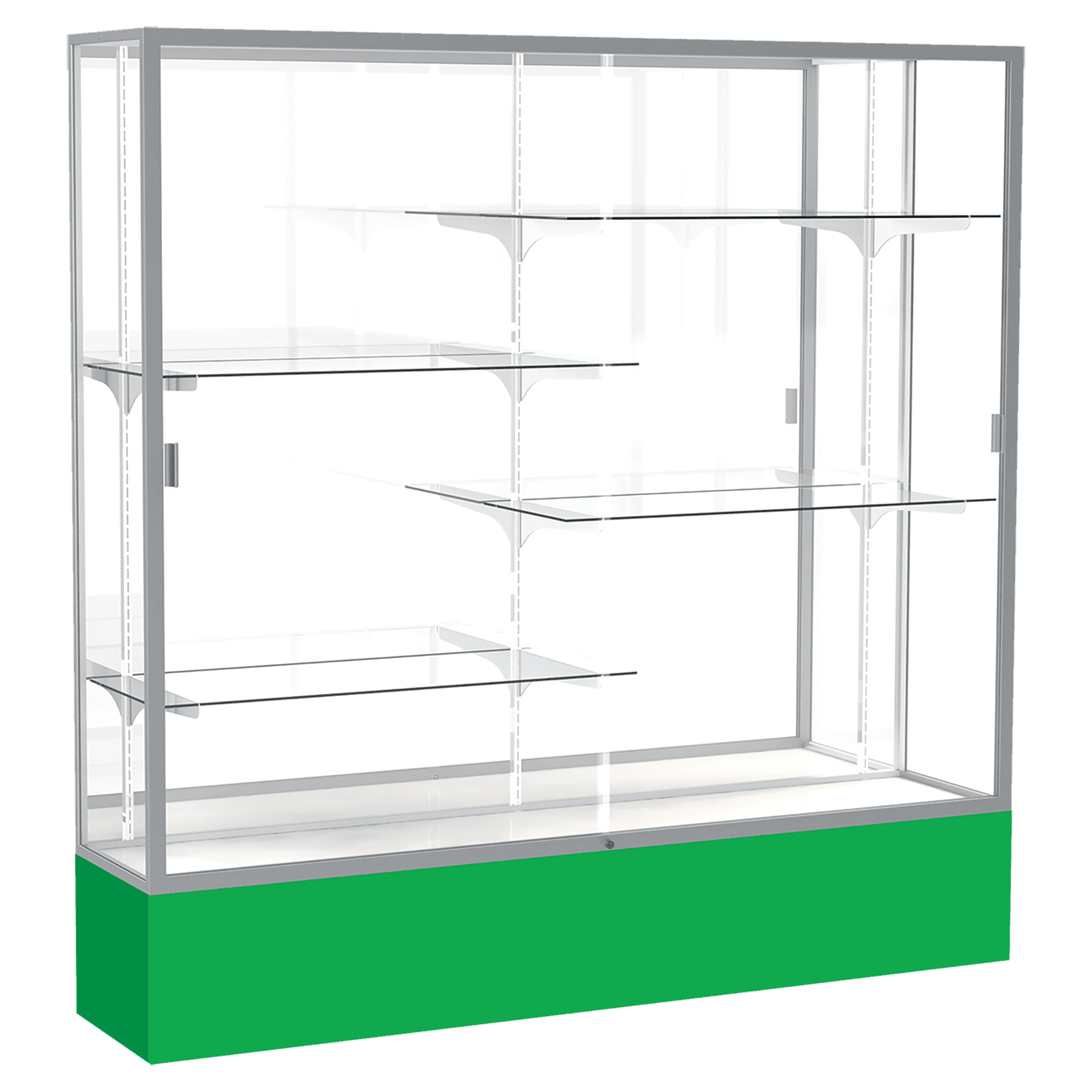 72"H x 72"W x 16"D Kelly Green Laminate Finish, Mirror Back, Satin Aluminum Frame, Spirit Display Case