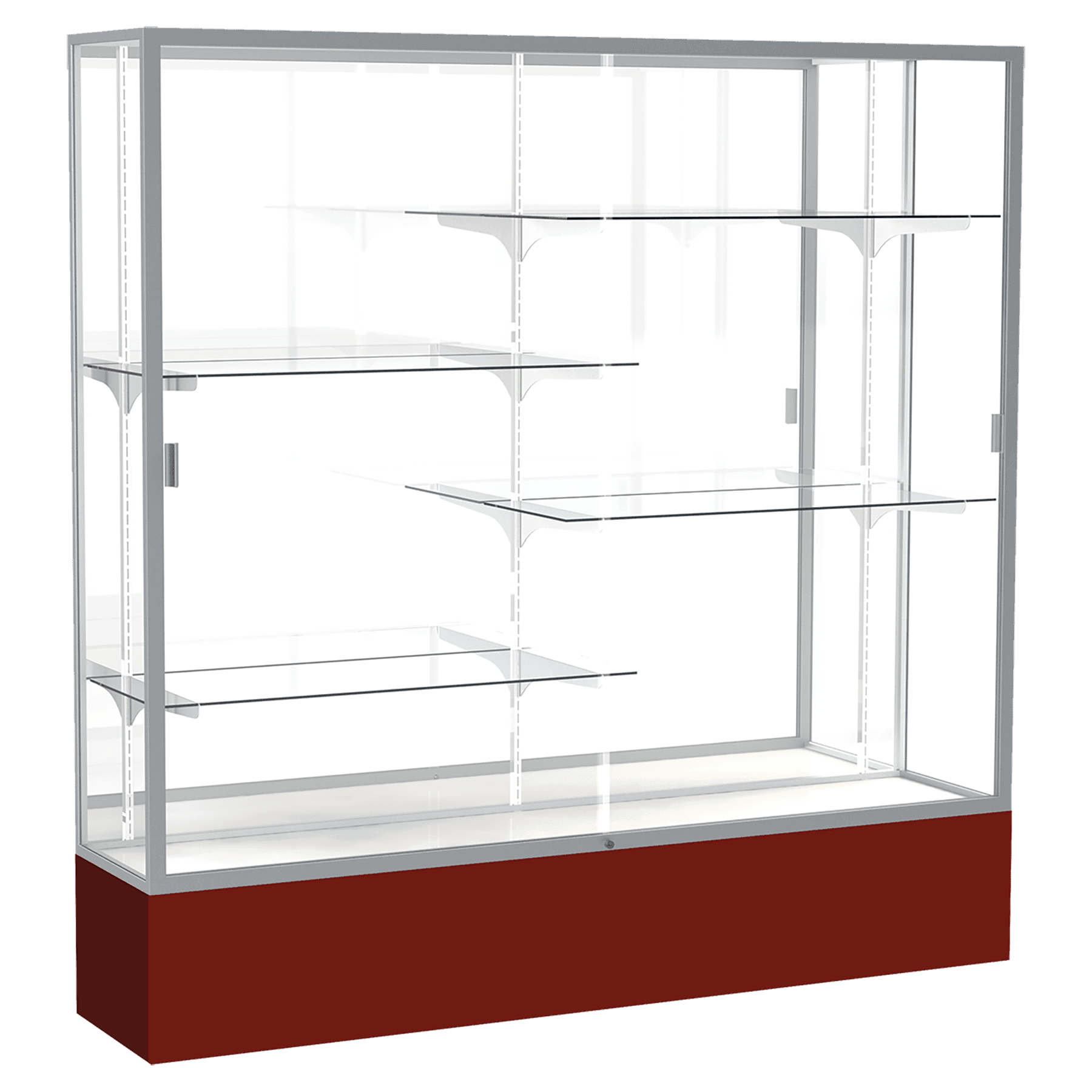 72"H x 72"W x 16"D Maroon Laminate Finish, Mirror Back, Satin Aluminum Frame, Spirit Display Case