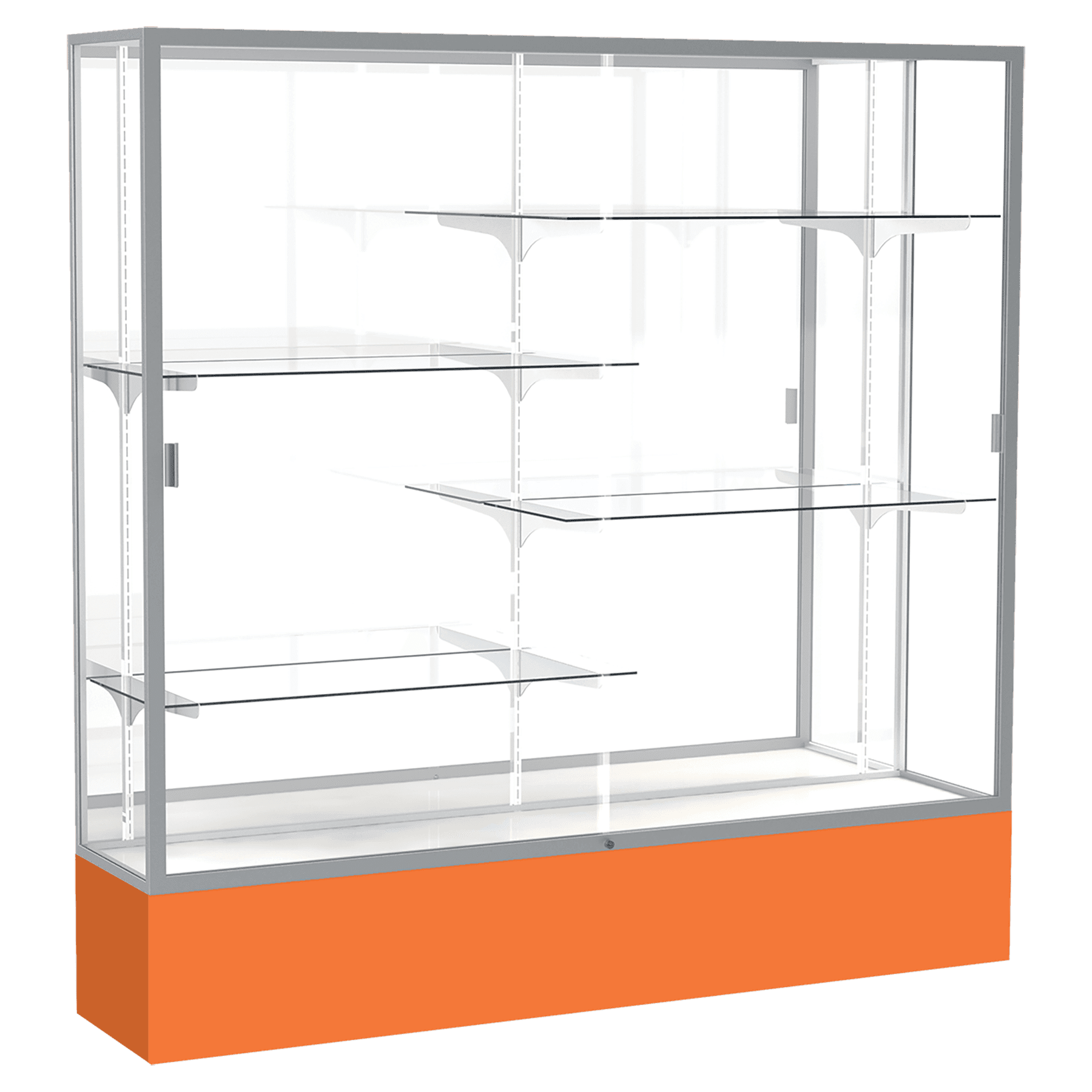 72"H x 72"W x 16"D Orange Laminate Finish, Mirror Back, Satin Aluminum Frame, Spirit Display Case