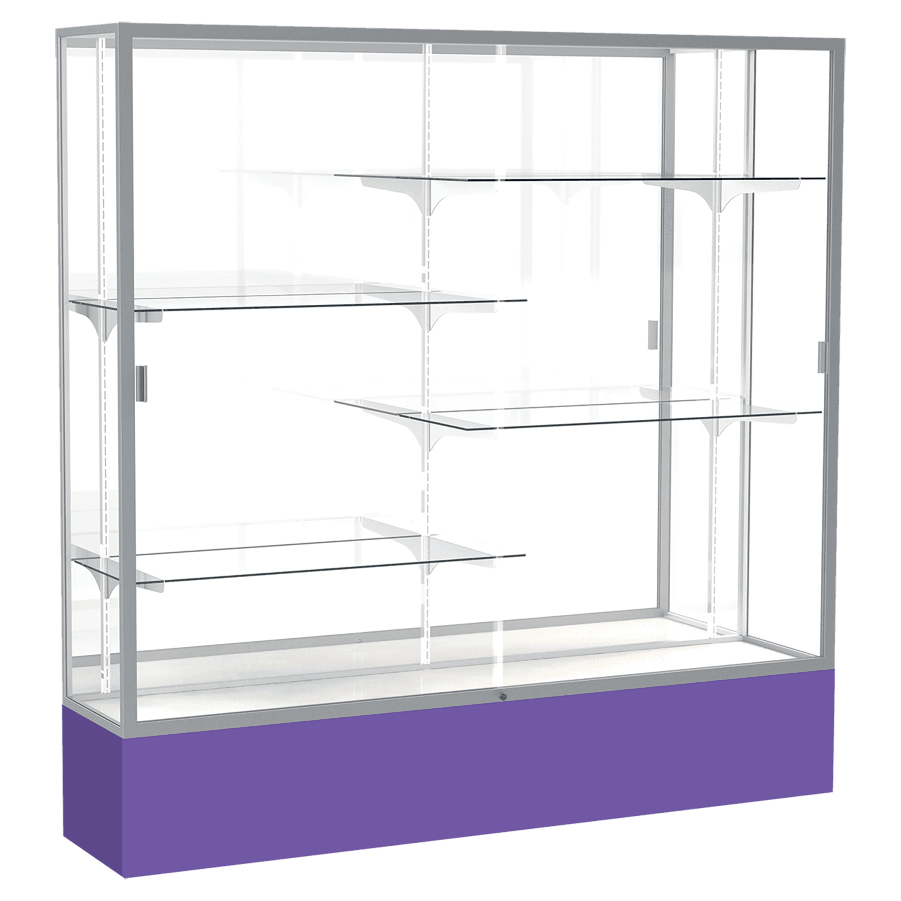 72"H x 72"W x 16"D Purple Laminate Finish, Mirror Back, Satin Aluminum Frame, Spirit Display Case