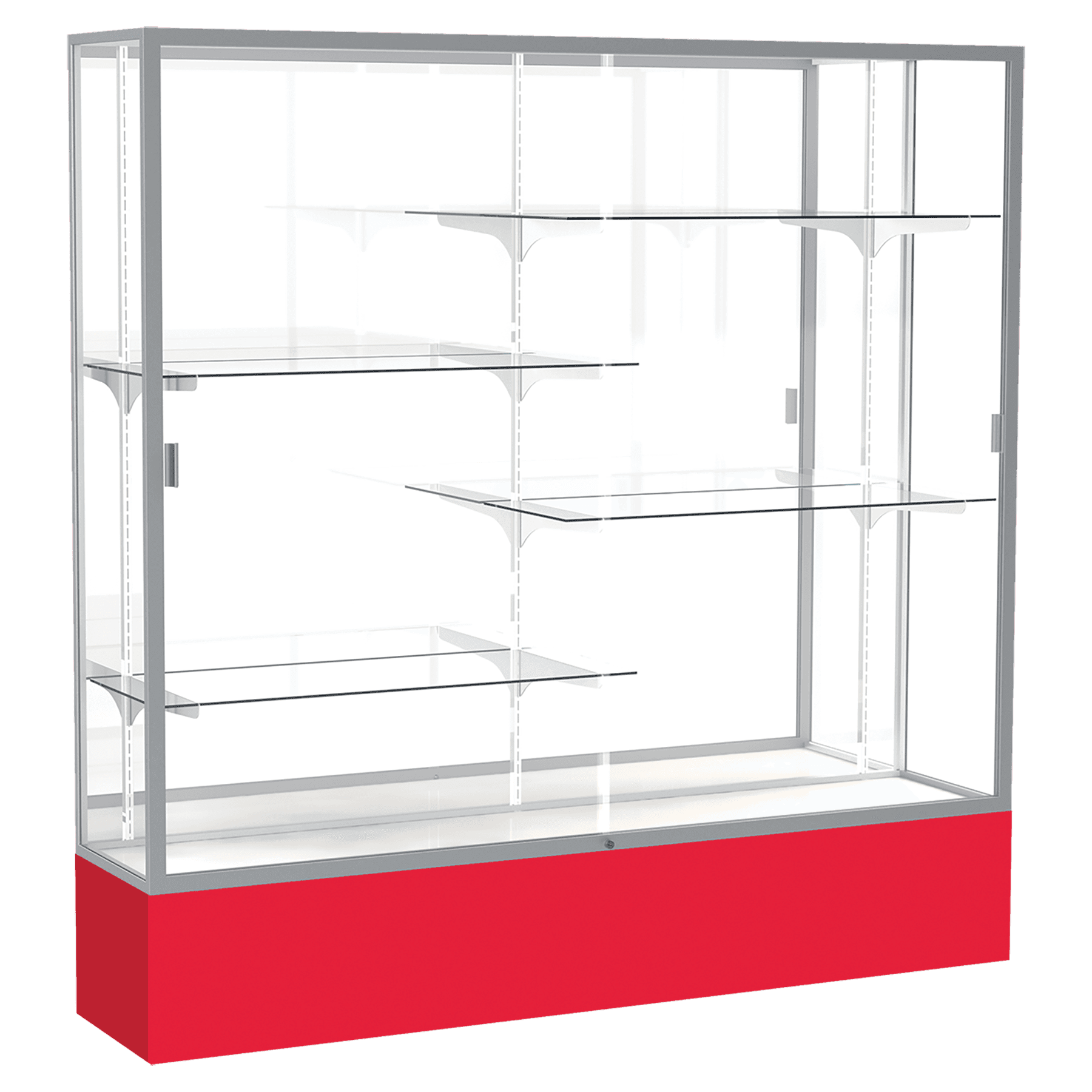72"H x 72"W x 16"D Red Laminate Finish, Mirror Back, Satin Aluminum Frame, Spirit Display Case