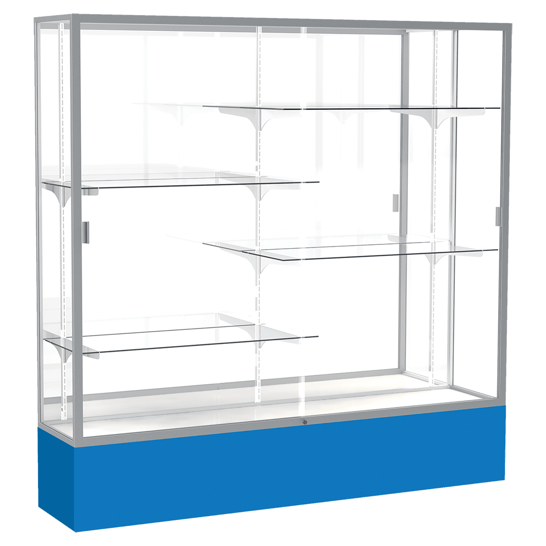 72"H x 72"W x 16"D Royal Blue Laminate Finish, Mirror Back, Satin Aluminum Frame, Spirit Display Case