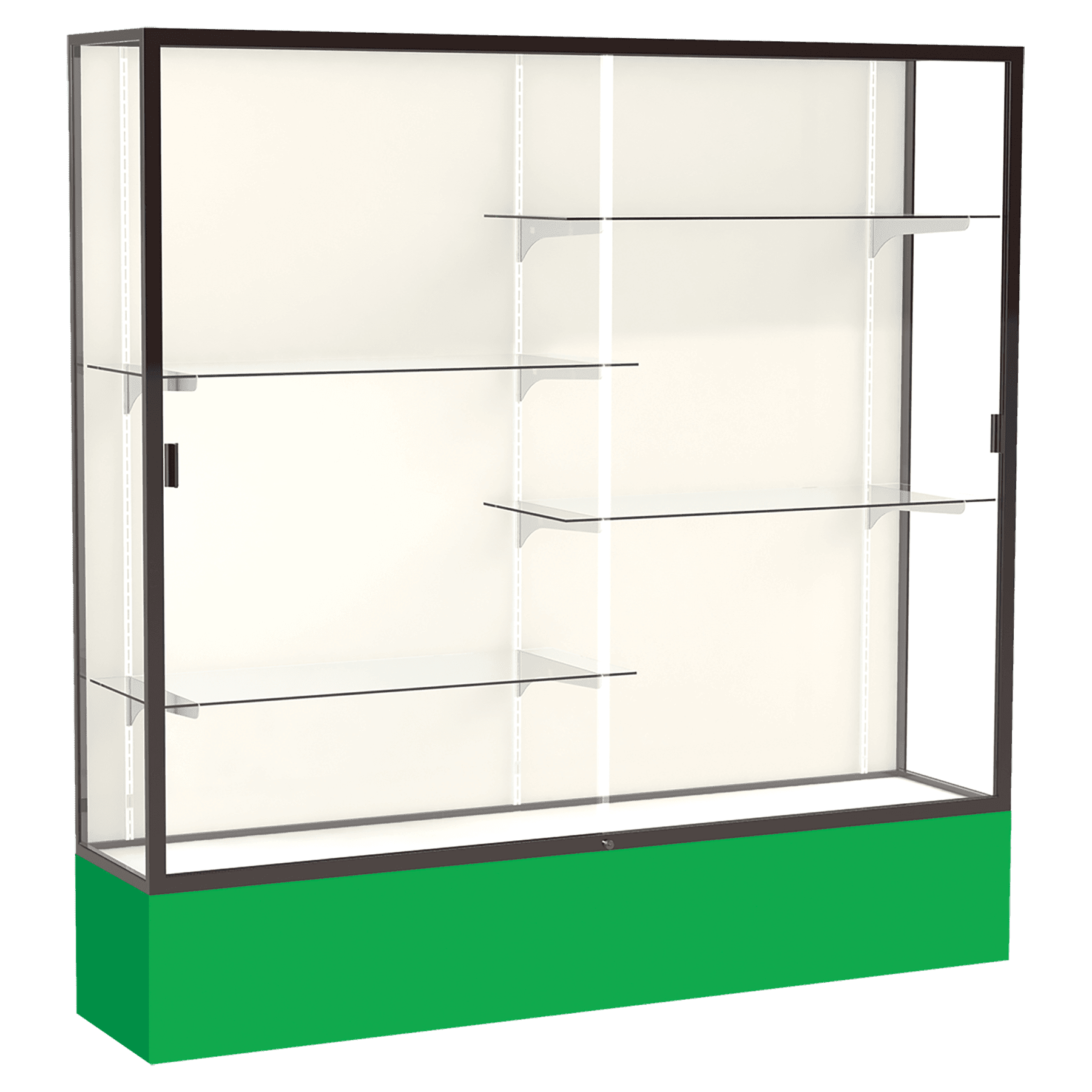 72"H x 72"W x 16"D Kelly Green Laminate Finish, Plaque Fabric Back, Bronze Aluminum Frame, Spirit Display Case