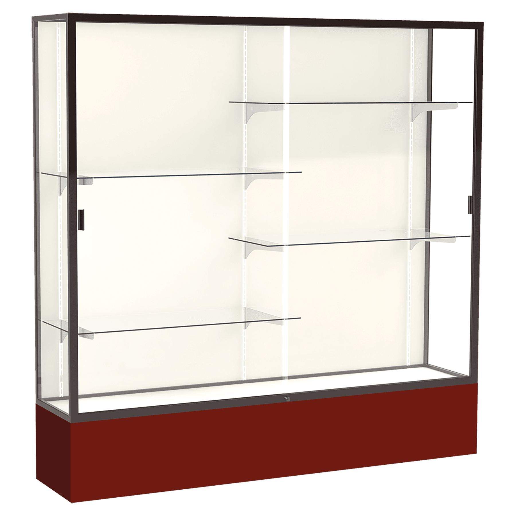 72"H x 72"W x 16"D Maroon Laminate Finish, Plaque Fabric Back, Bronze Aluminum Frame, Spirit Display Case
