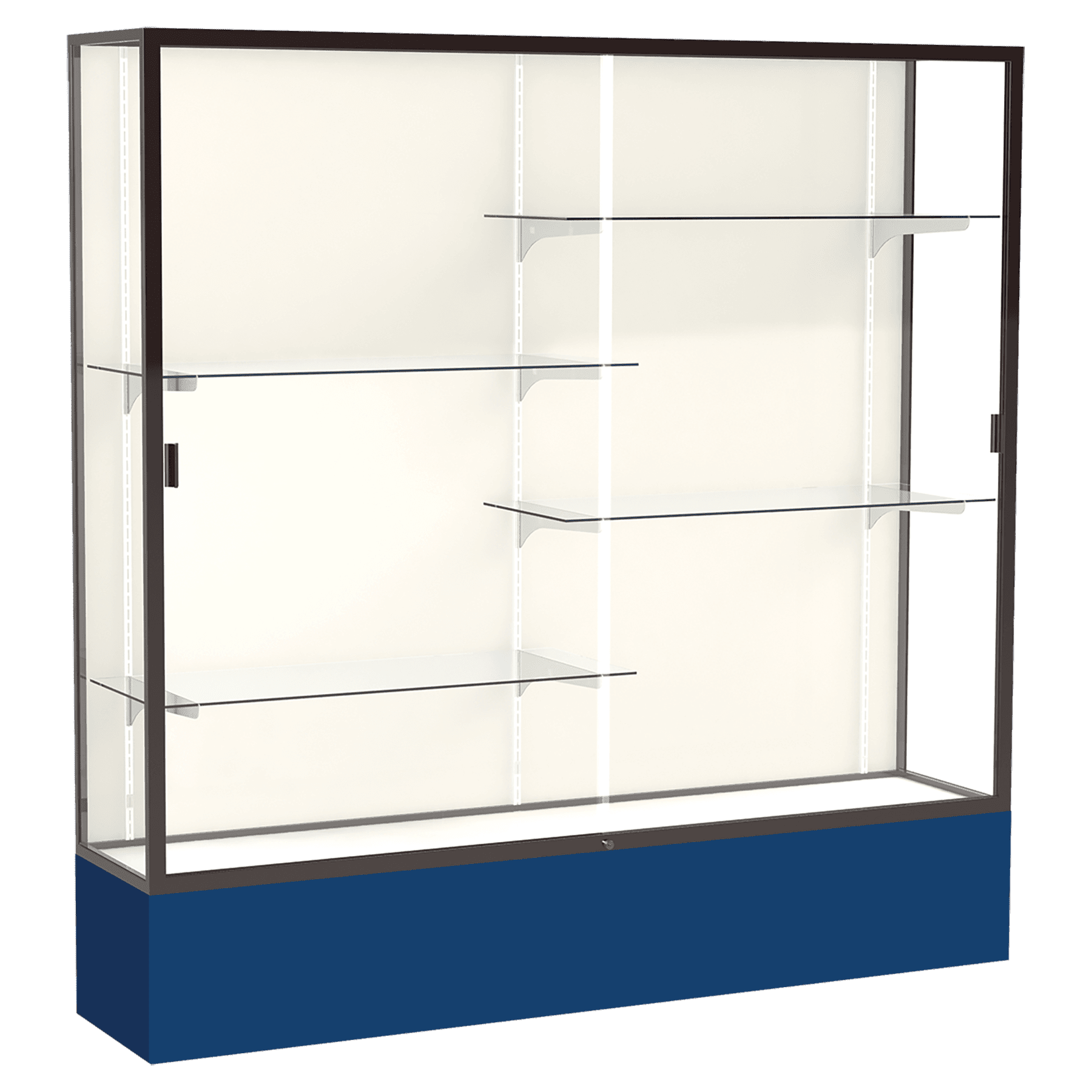 72"H x 72"W x 16"D Navy Laminate Finish, Plaque Fabric Back, Bronze Aluminum Frame, Spirit Display Case