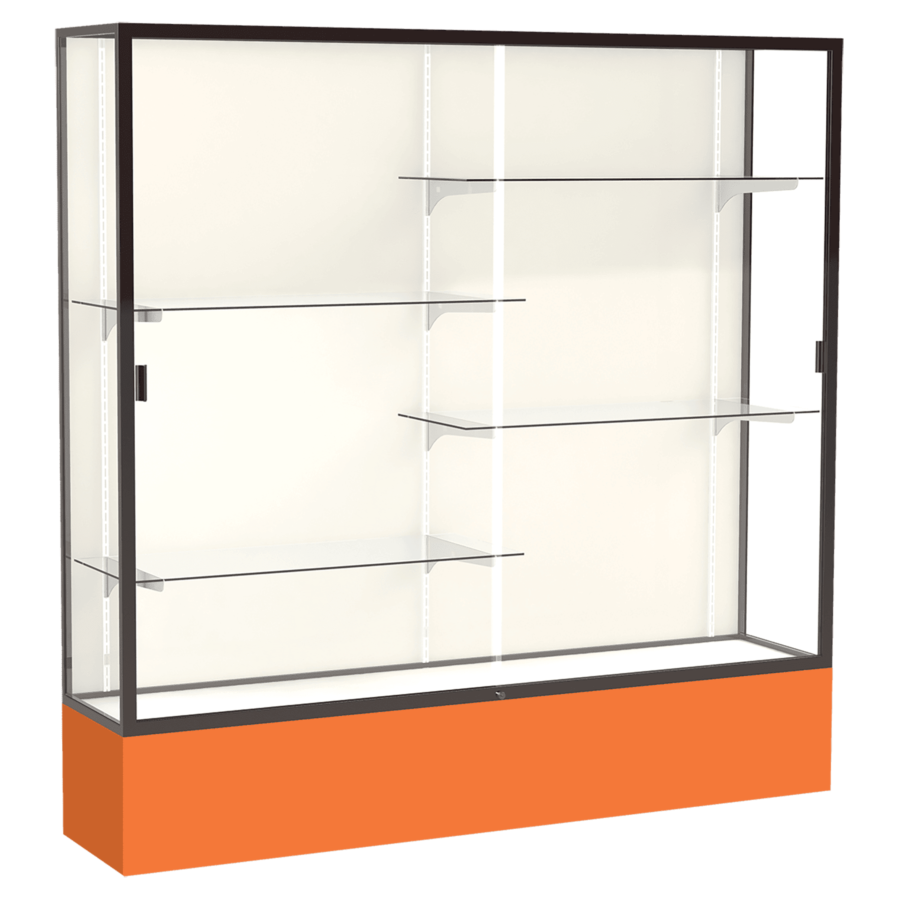 72"H x 72"W x 16"D Orange Laminate Finish, Plaque Fabric Back, Bronze Aluminum Frame, Spirit Display Case