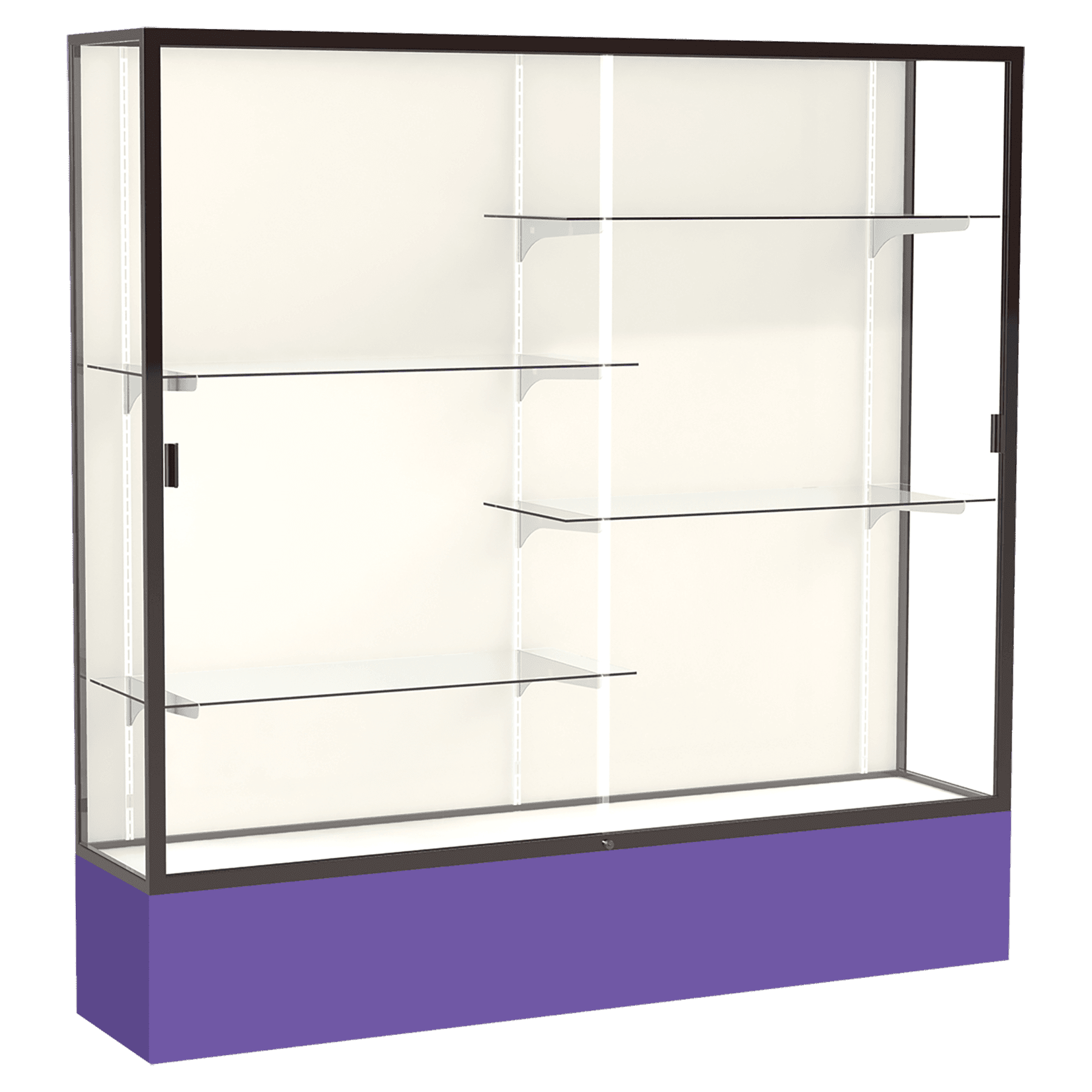 72"H x 72"W x 16"D Purple Laminate Finish, Plaque Fabric Back, Bronze Aluminum Frame, Spirit Display Case