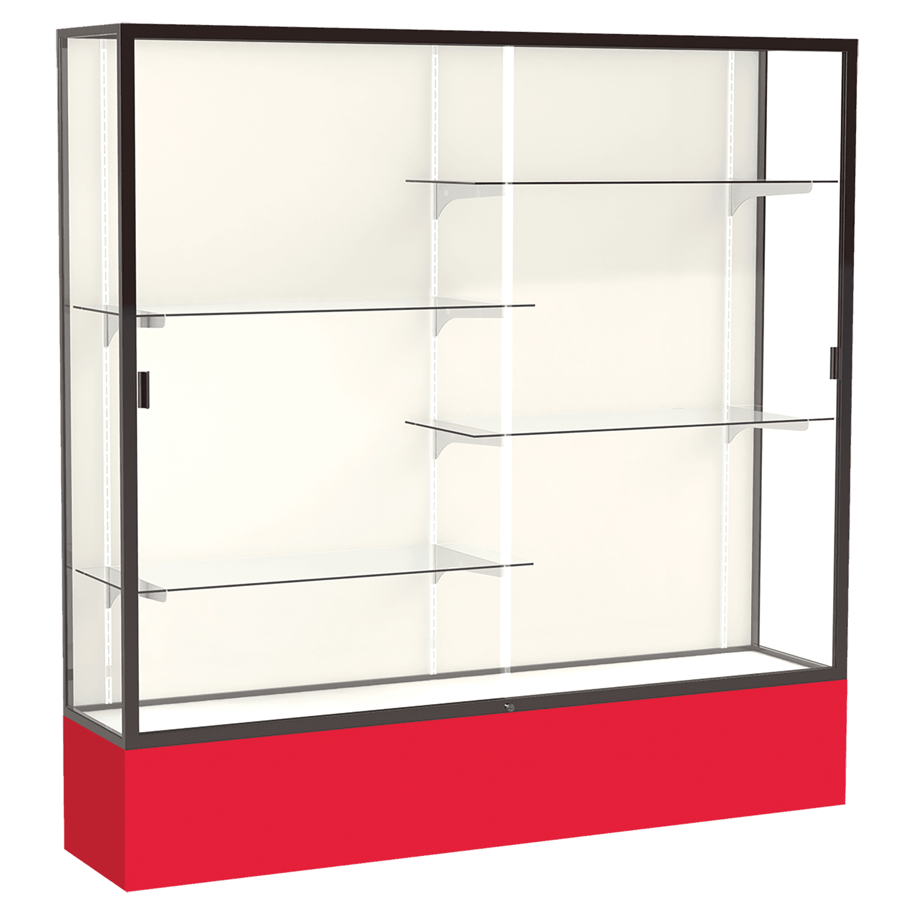 72"H x 72"W x 16"D Red Laminate Finish, Plaque Fabric Back, Bronze Aluminum Frame, Spirit Display Case