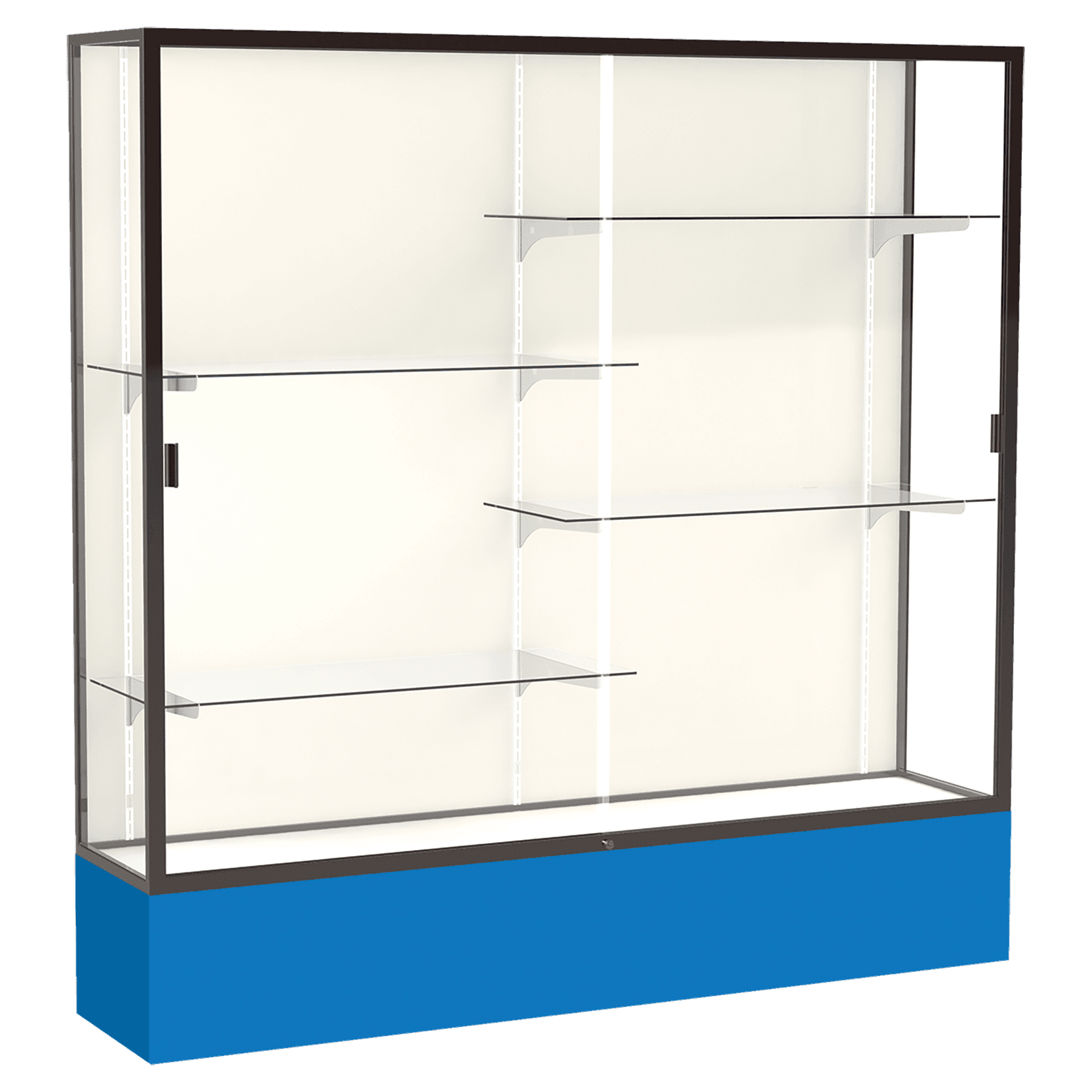 72"H x 72"W x 16"D Royal Blue Laminate Finish, Plaque Fabric Back, Bronze Aluminum Frame, Spirit Display Case