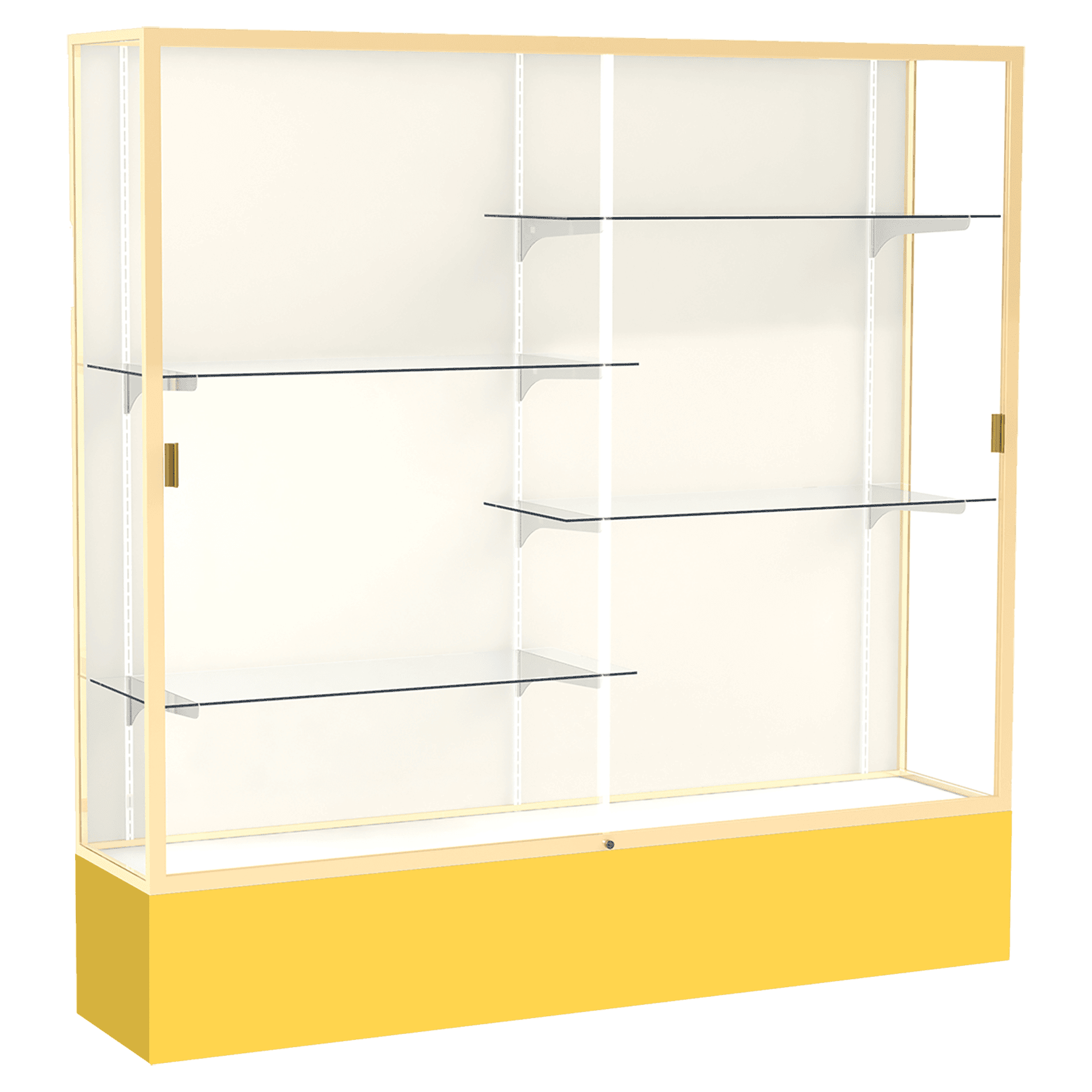 72"H x 72"W x 16"D Goldenrod Laminate Finish, Plaque Fabric Back, Champagne Aluminum Frame, Spirit Display Case