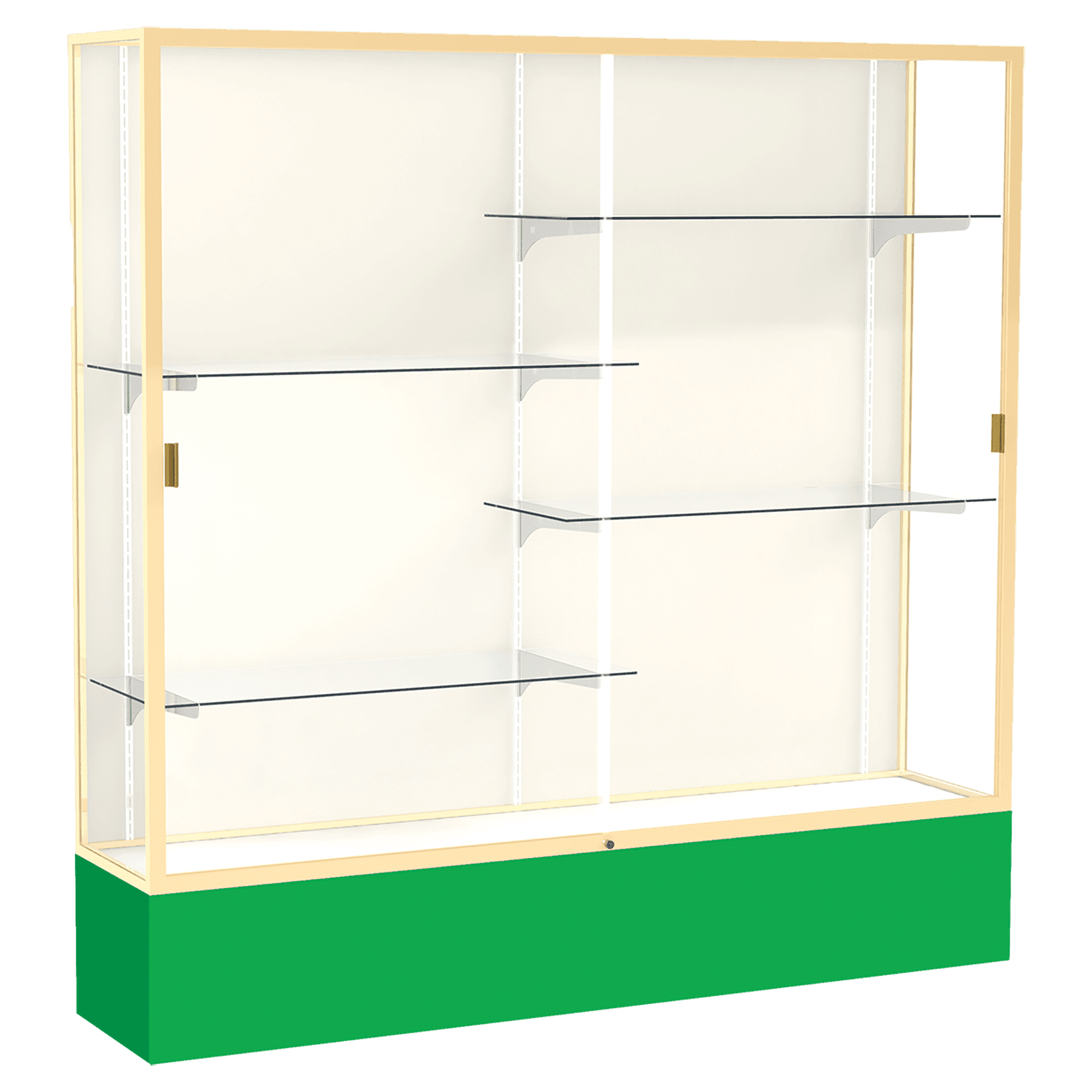 72"H x 72"W x 16"D Kelly Green Laminate Finish, Plaque Fabric Back, Champagne Aluminum Frame, Spirit Display Case