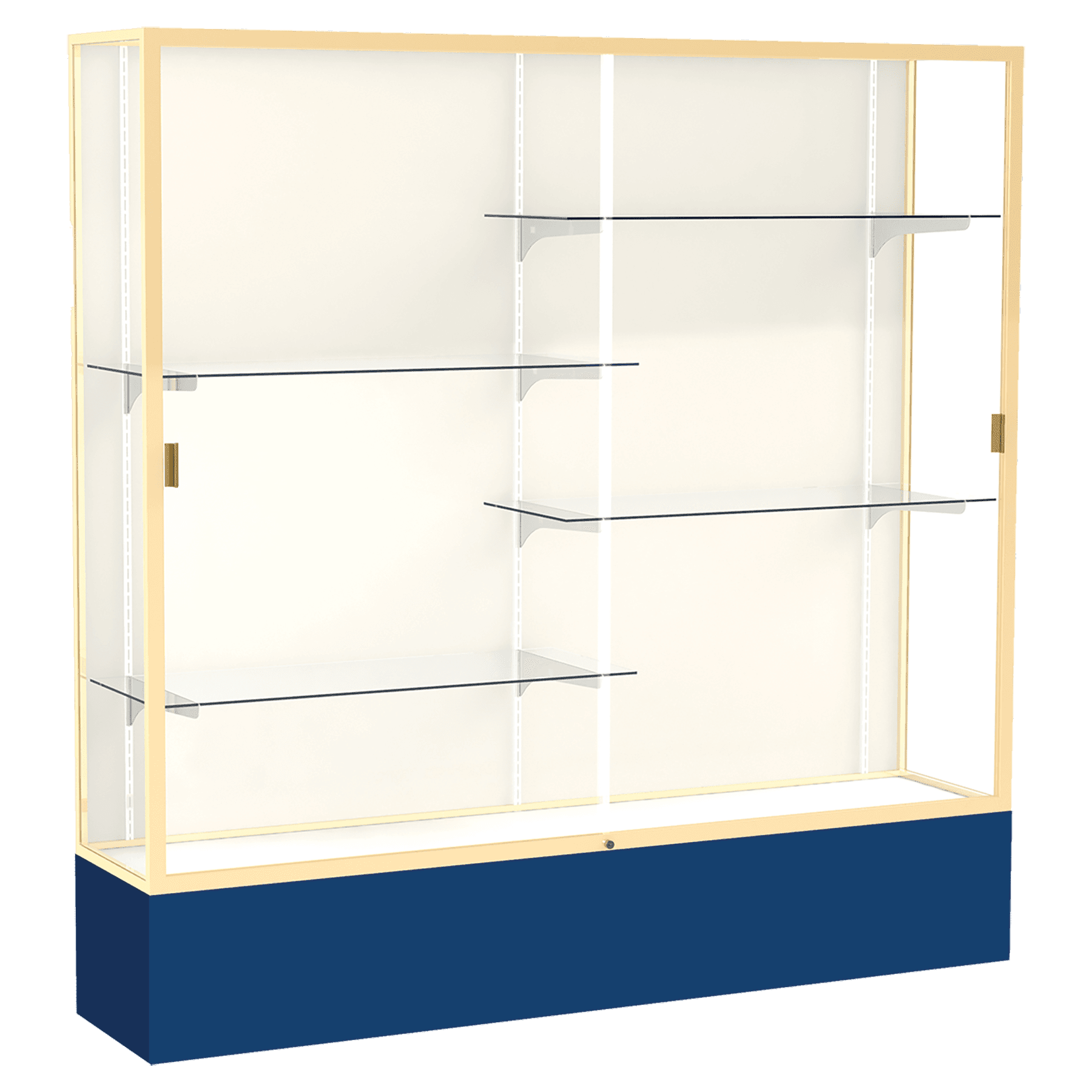 72"H x 72"W x 16"D Navy Laminate Finish, Plaque Fabric Back, Champagne Aluminum Frame, Spirit Display Case