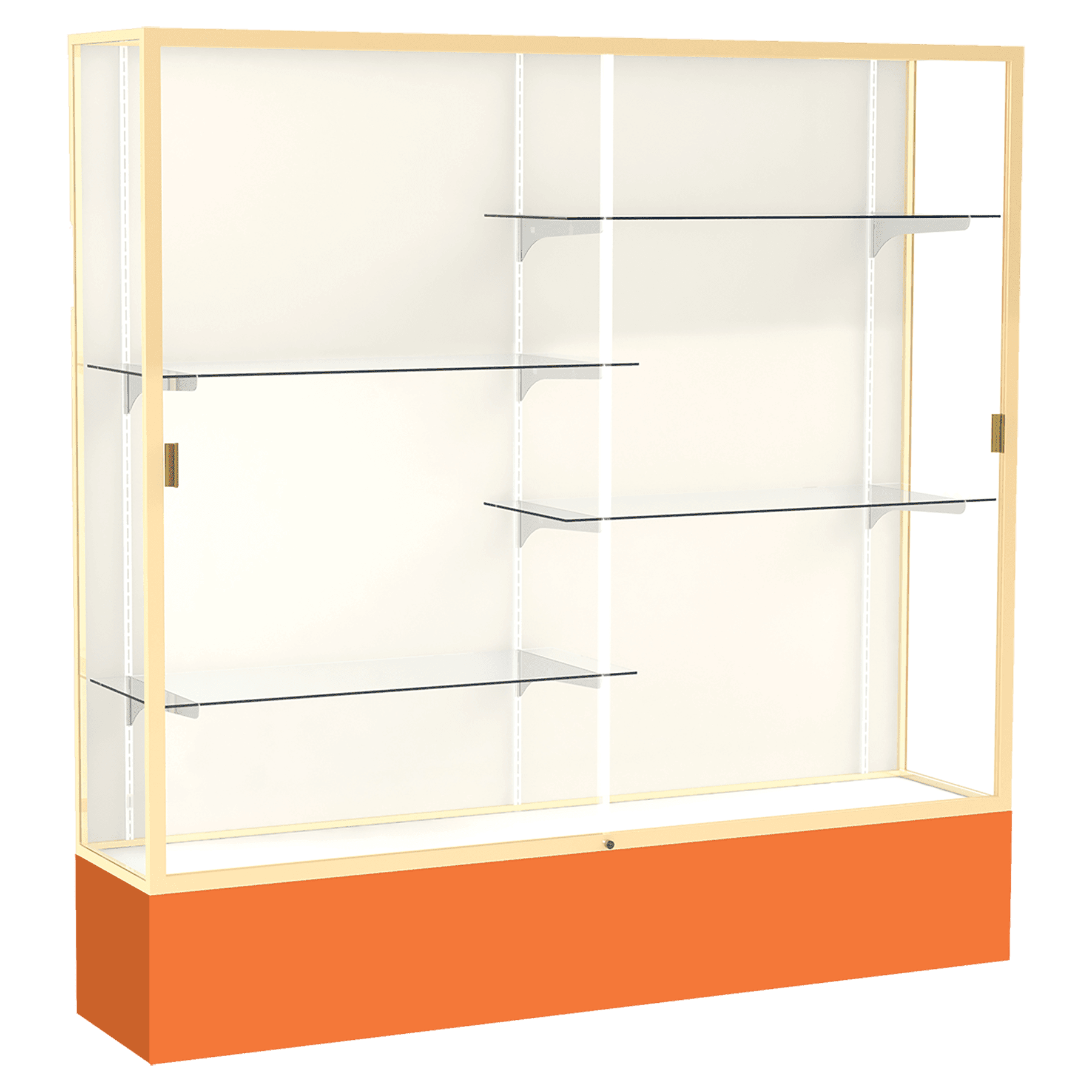 72"H x 72"W x 16"D Orange Laminate Finish, Plaque Fabric Back, Champagne Aluminum Frame, Spirit Display Case