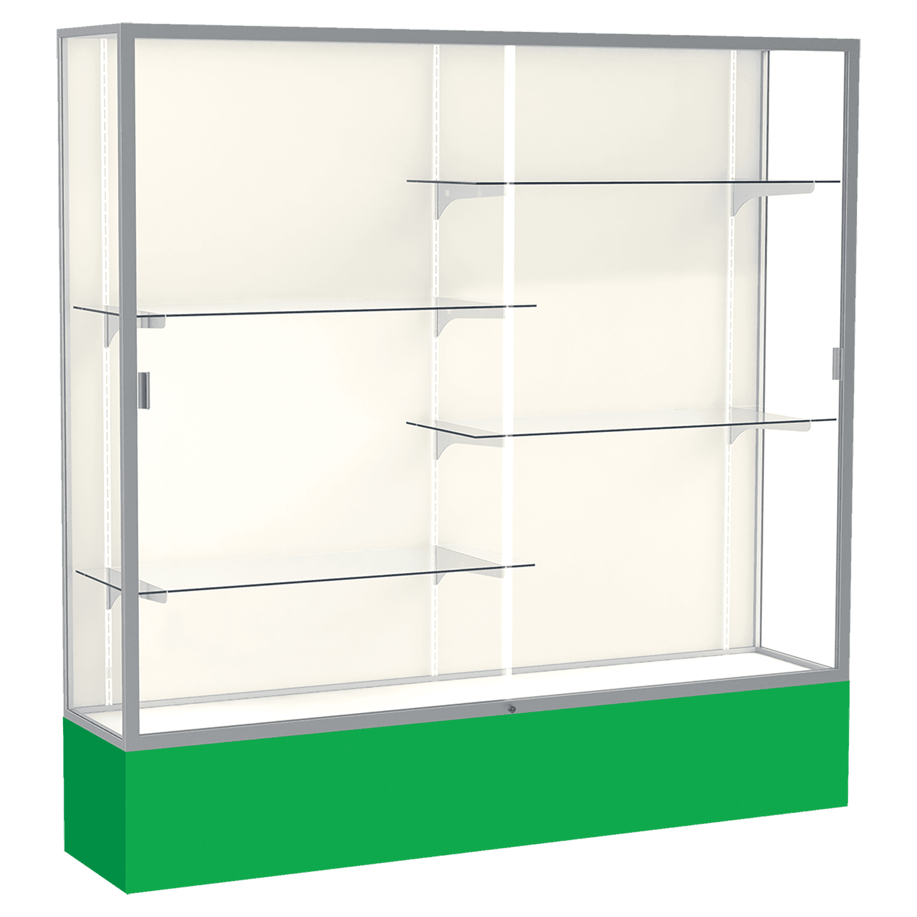 72"H x 72"W x 16"D Kelly Green Laminate Finish, Plaque Fabric Back, Satin Aluminum Frame, Spirit Display Case