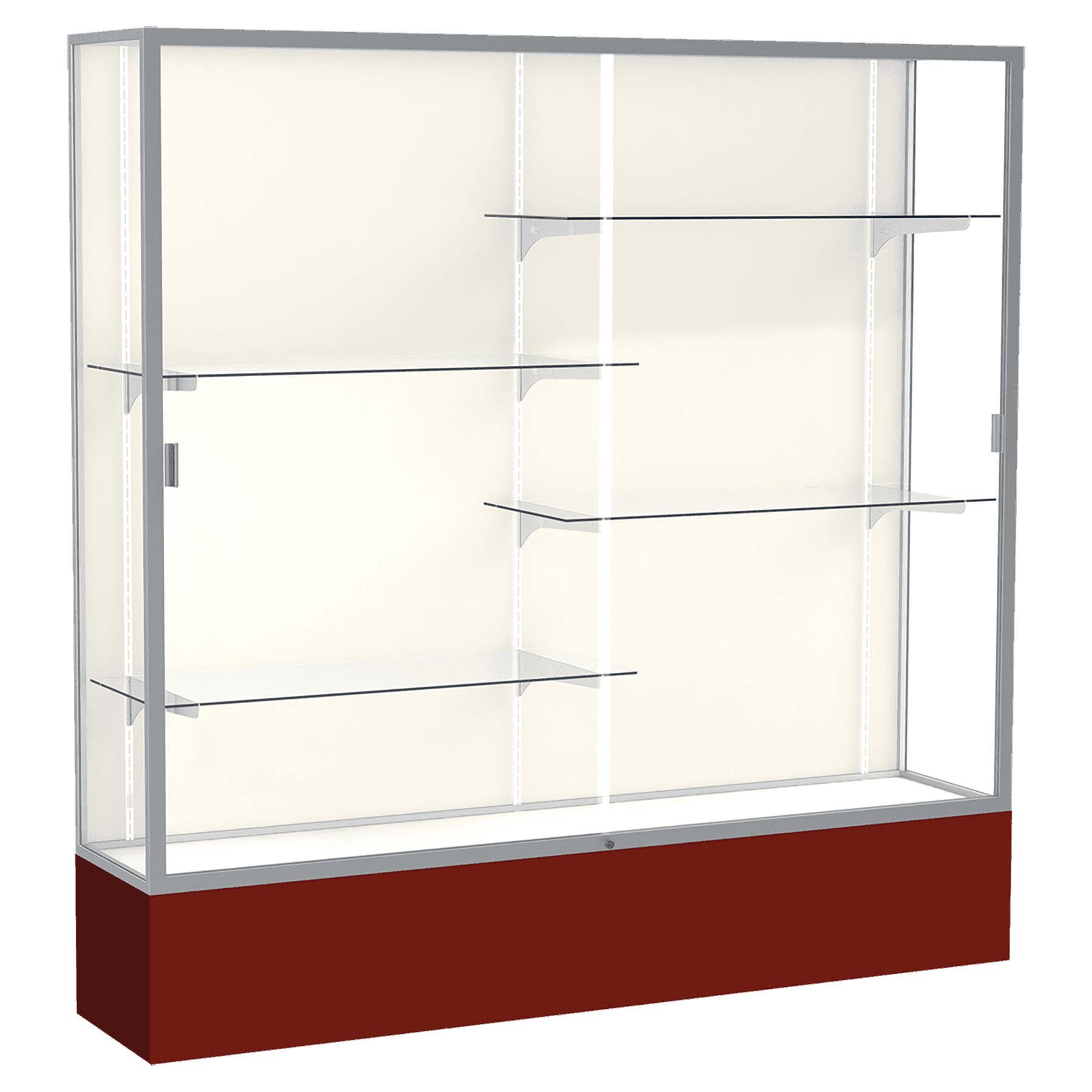 72"H x 72"W x 16"D Maroon Laminate Finish, Plaque Fabric Back, Satin Aluminum Frame, Spirit Display Case