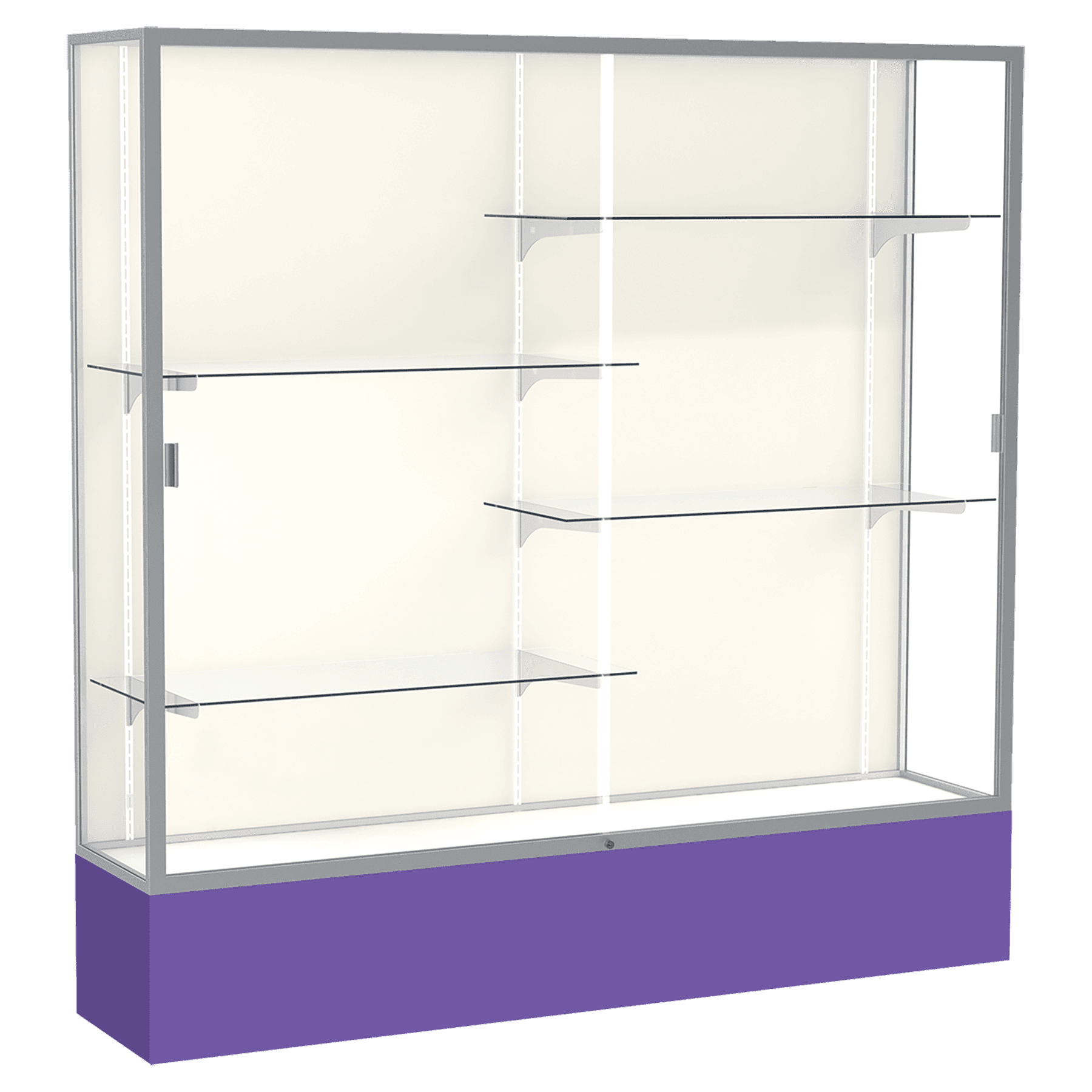 72"H x 72"W x 16"D Purple Laminate Finish, Plaque Fabric Back, Satin Aluminum Frame, Spirit Display Case