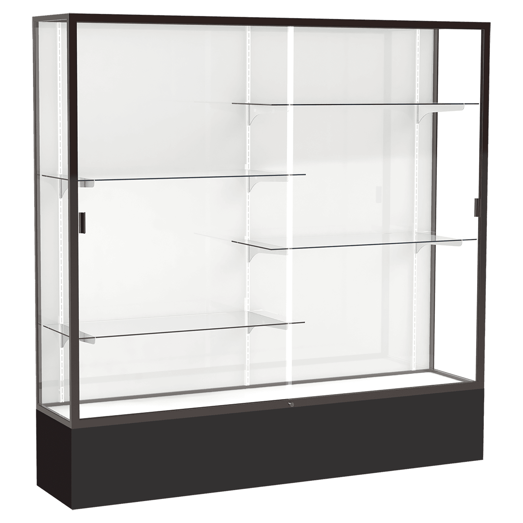 72"H x 72"W x 16"D Black Laminate Finish, White Laminate Finish Back, Bronze Aluminum Frame, Spirit Display Case