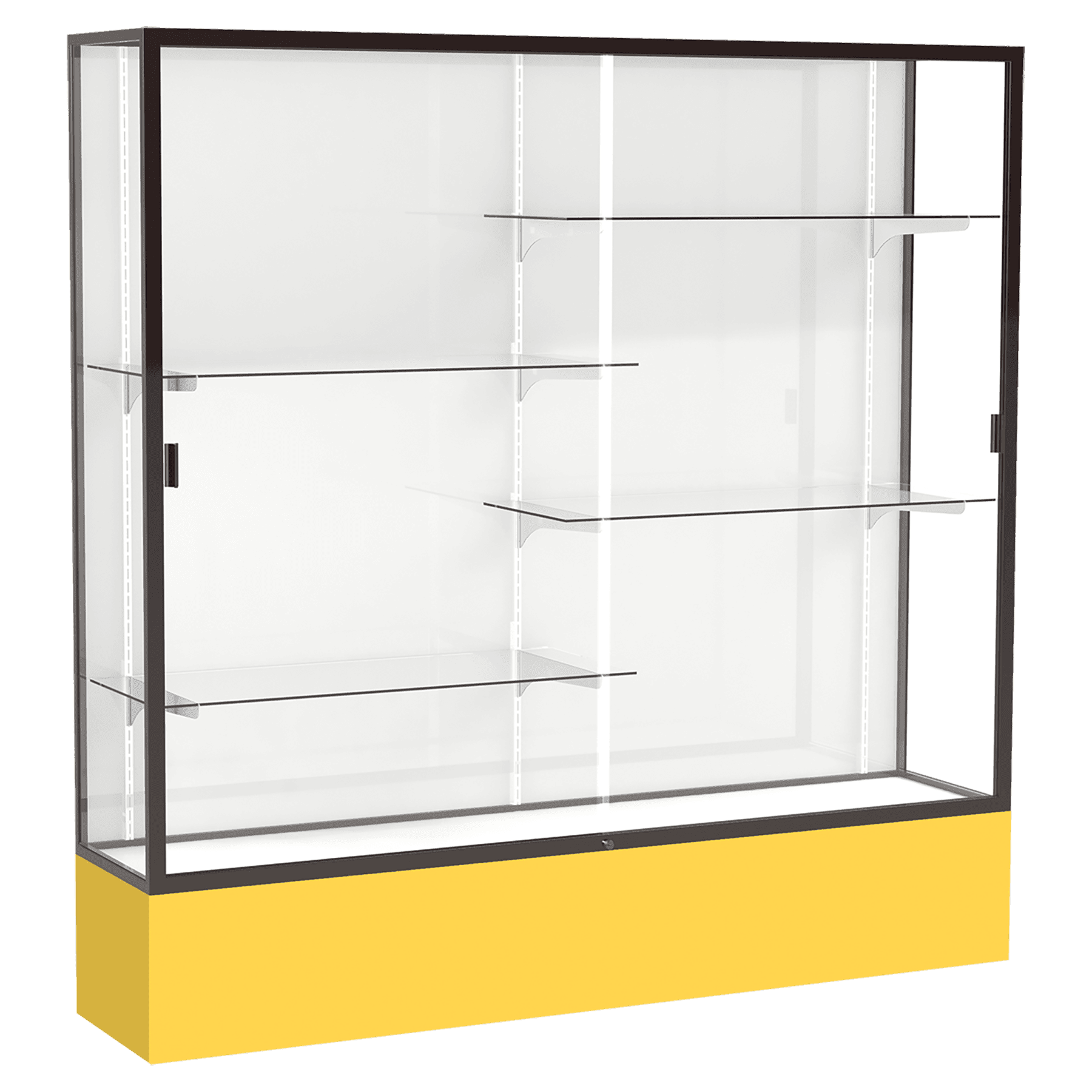 72"H x 72"W x 16"D Goldenrod Laminate Finish, White Laminate Finish Back, Bronze Aluminum Frame, Spirit Display Case