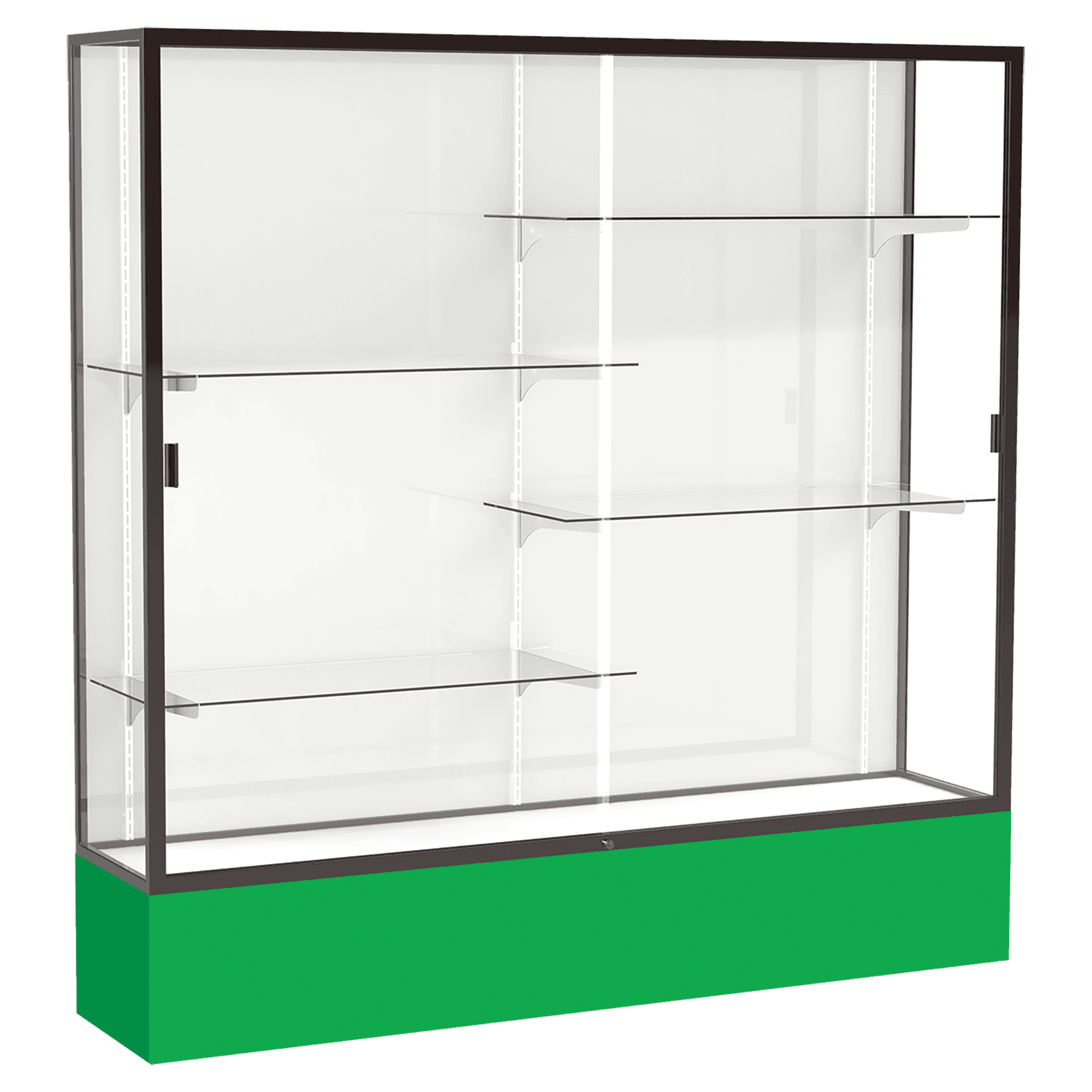 72"H x 72"W x 16"D Kelly Green Laminate Finish, White Laminate Finish Back, Bronze Aluminum Frame, Spirit Display Case