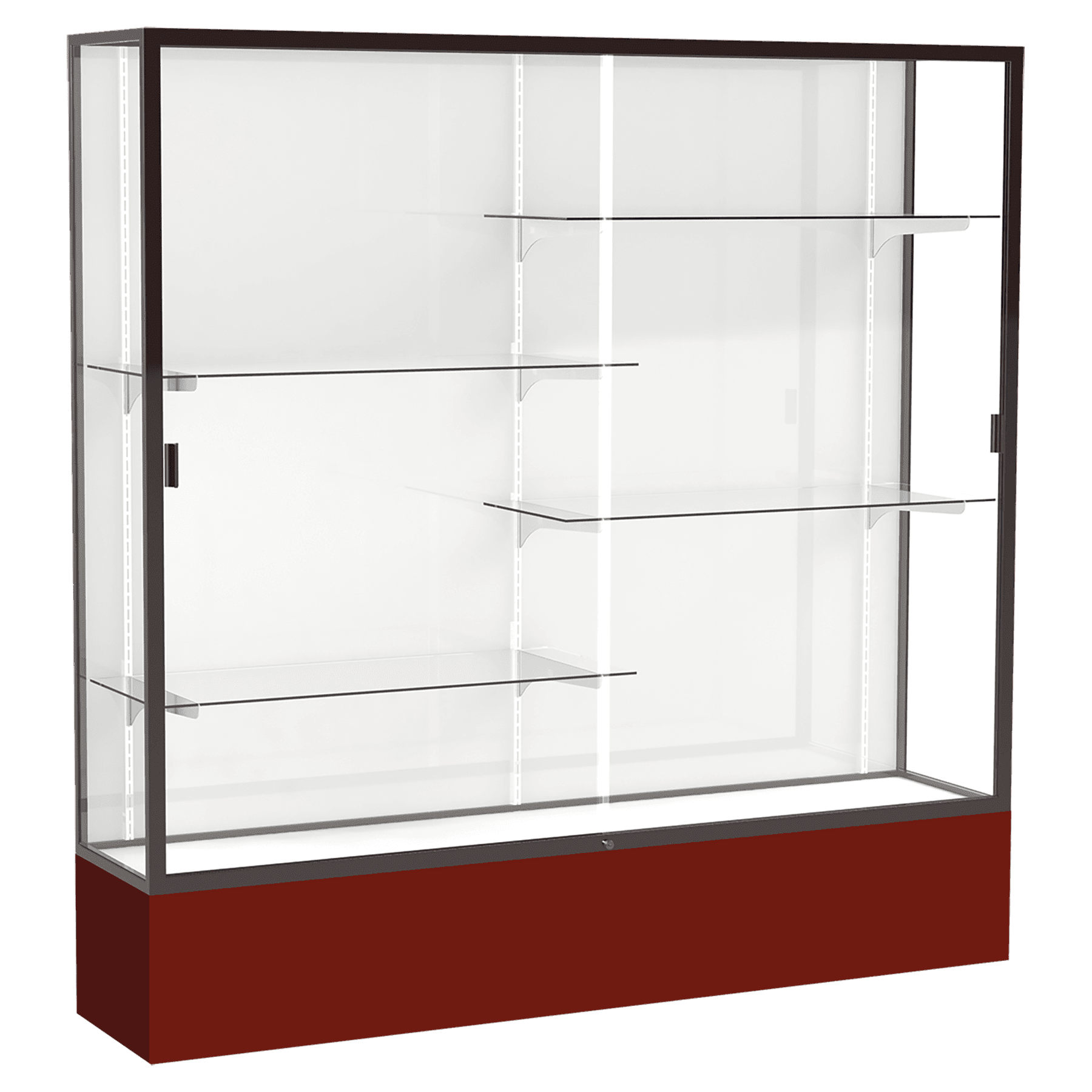 72"H x 72"W x 16"D Maroon Laminate Finish, White Laminate Finish Back, Bronze Aluminum Frame, Spirit Display Case