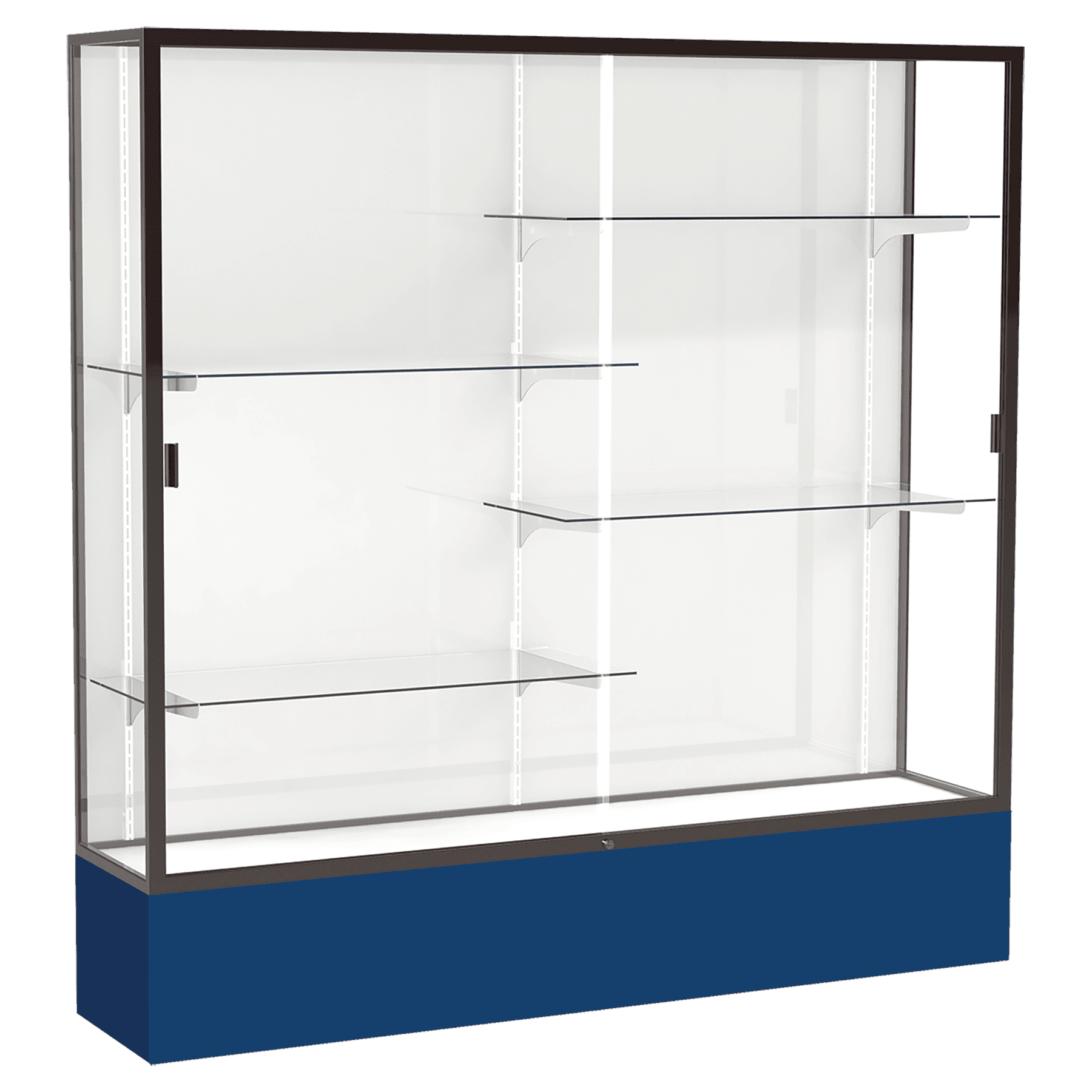 72"H x 72"W x 16"D Navy Laminate Finish, White Laminate Finish Back, Bronze Aluminum Frame, Spirit Display Case
