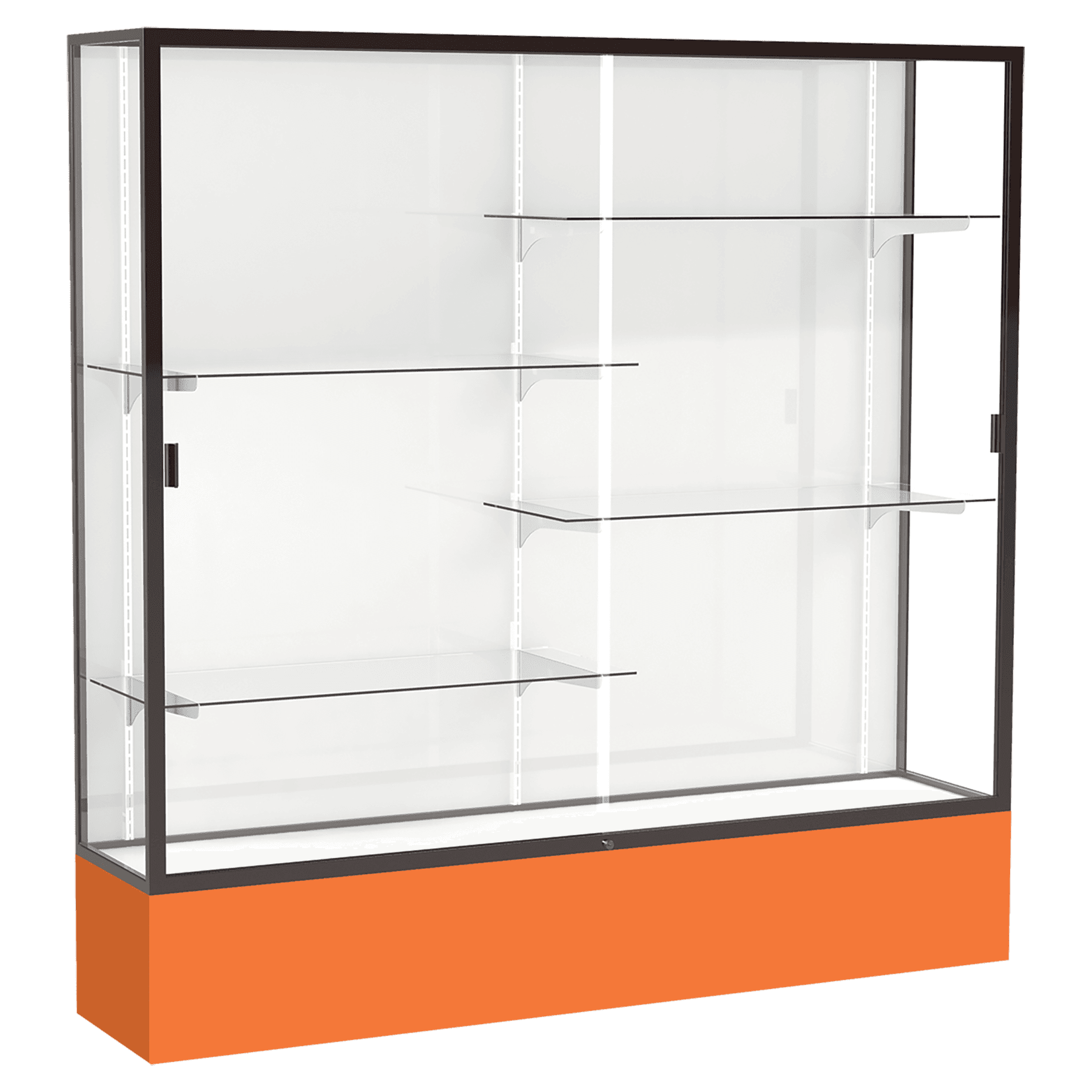 72"H x 72"W x 16"D Orange Laminate Finish, White Laminate Finish Back, Bronze Aluminum Frame, Spirit Display Case