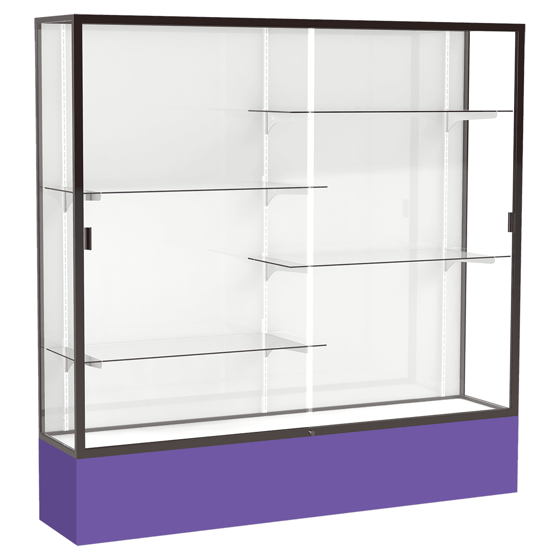 72"H x 72"W x 16"D Purple Laminate Finish, White Laminate Finish Back, Bronze Aluminum Frame, Spirit Display Case