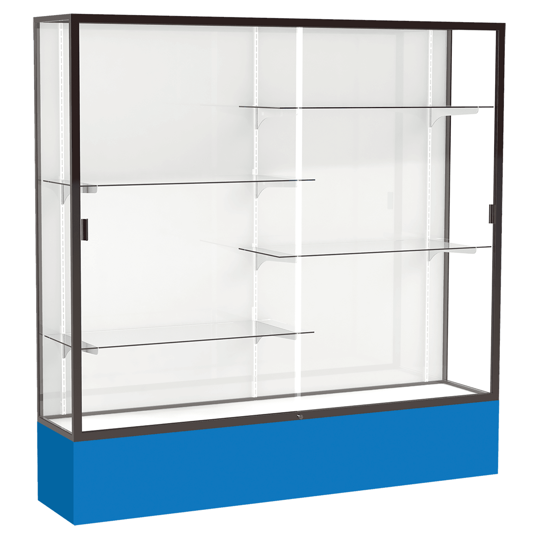 72"H x 72"W x 16"D Royal Blue Laminate Finish, White Laminate Finish Back, Bronze Aluminum Frame, Spirit Display Case