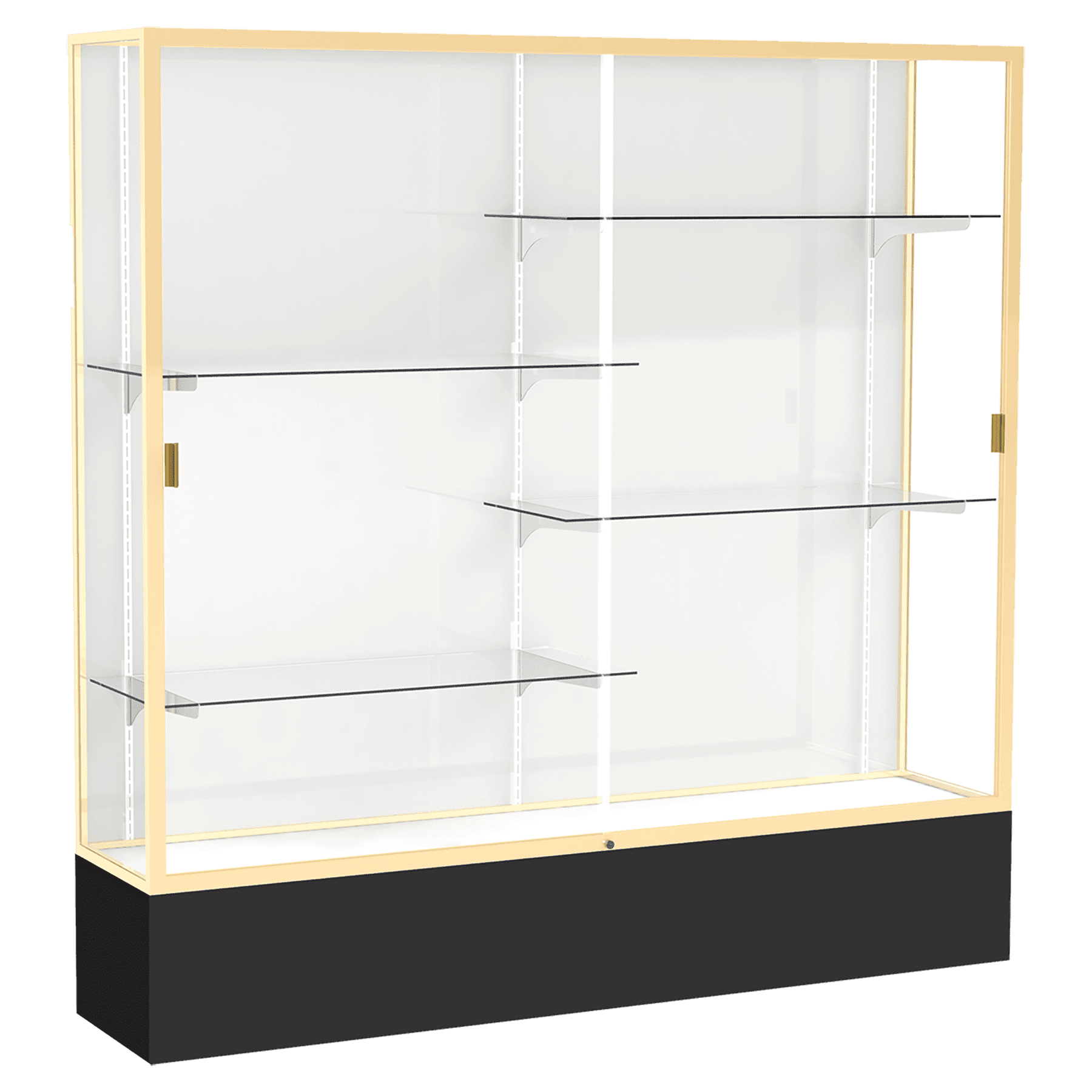 72"H x 72"W x 16"D Black Laminate Finish, White Laminate Finish Back, Champagne Aluminum Frame, Spirit Display Case