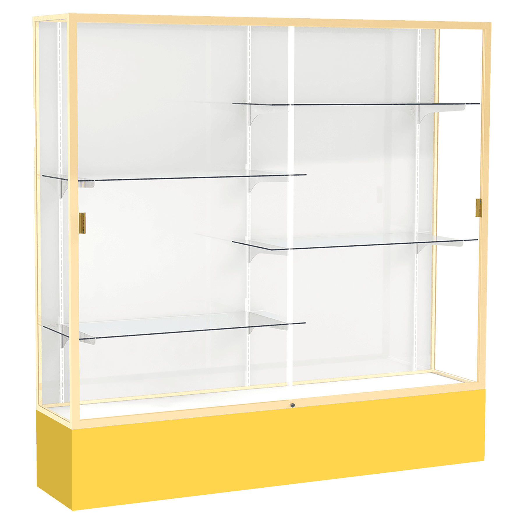 72"H x 72"W x 16"D Goldenrod Laminate Finish, White Laminate Finish Back, Champagne Aluminum Frame, Spirit Display Case