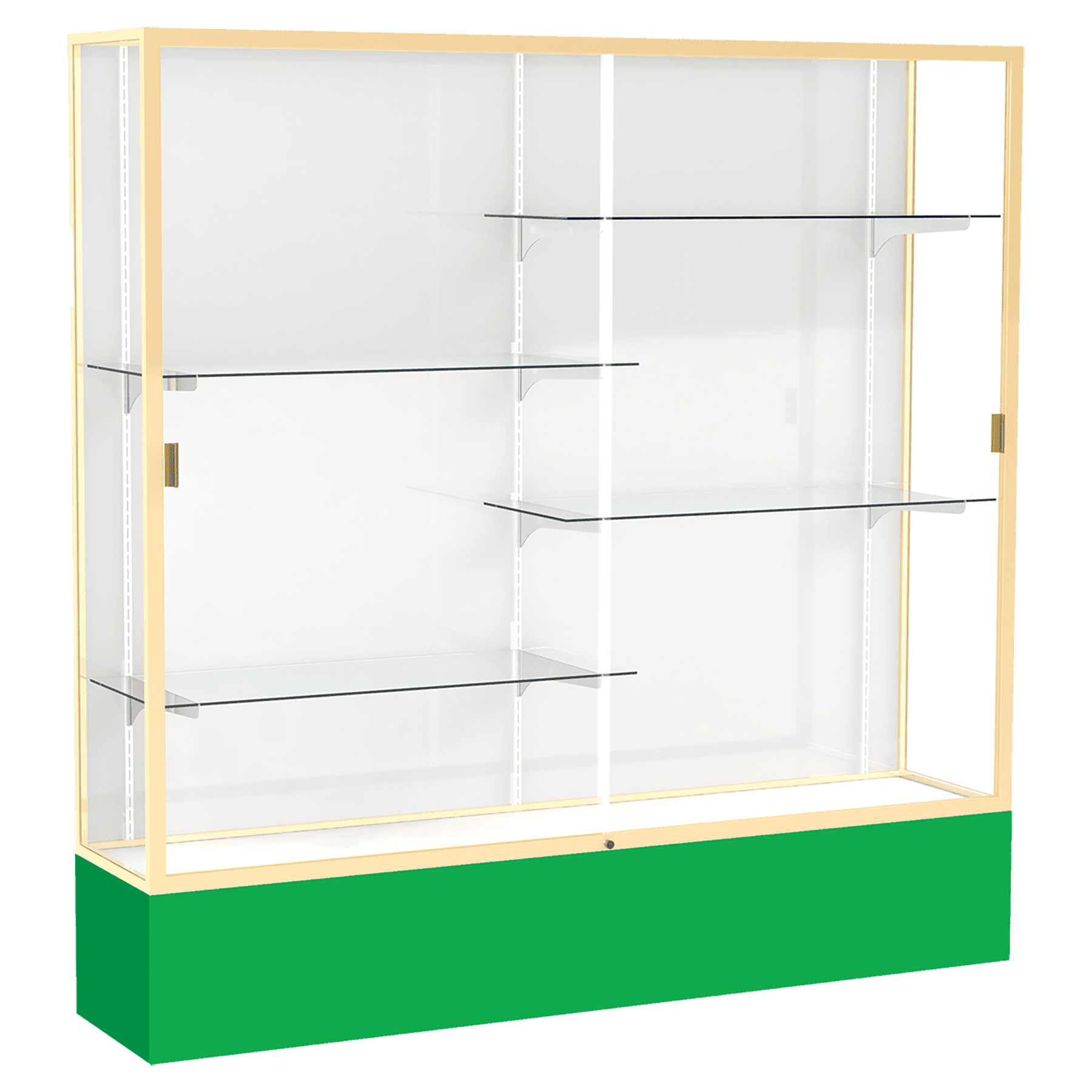 72"H x 72"W x 16"D Kelly Green Laminate Finish, White Laminate Finish Back, Champagne Aluminum Frame, Spirit Display Case