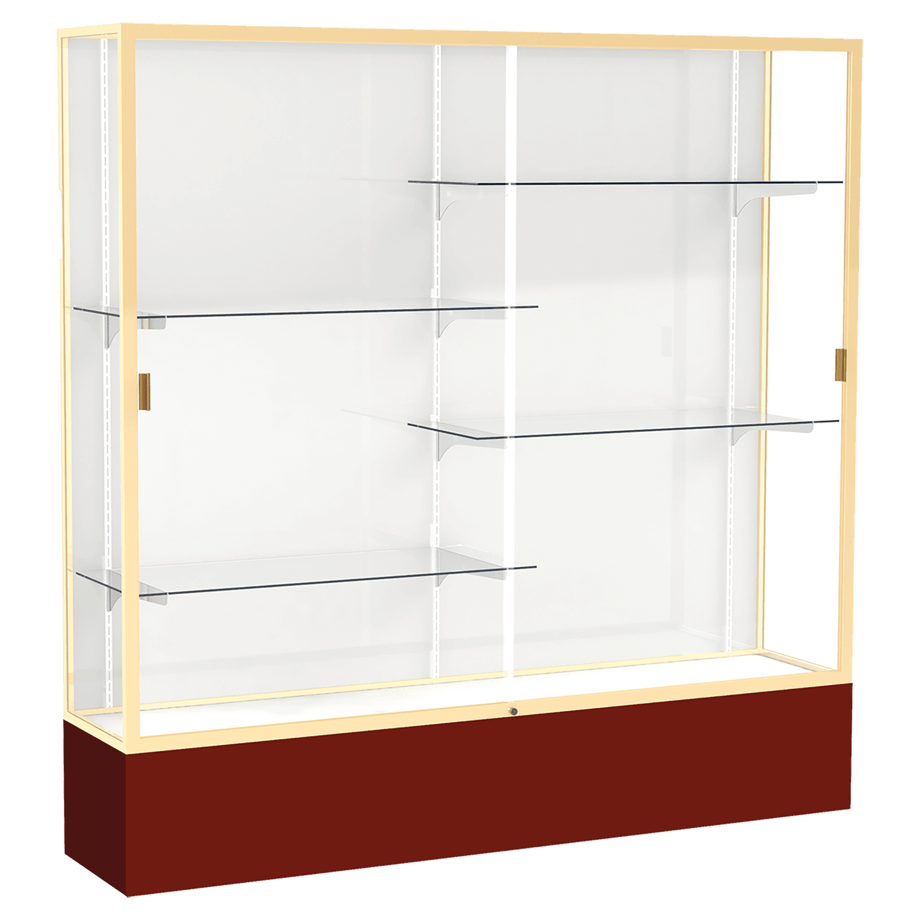 72"H x 72"W x 16"D Maroon Laminate Finish, White Laminate Finish Back, Champagne Aluminum Frame, Spirit Display Case